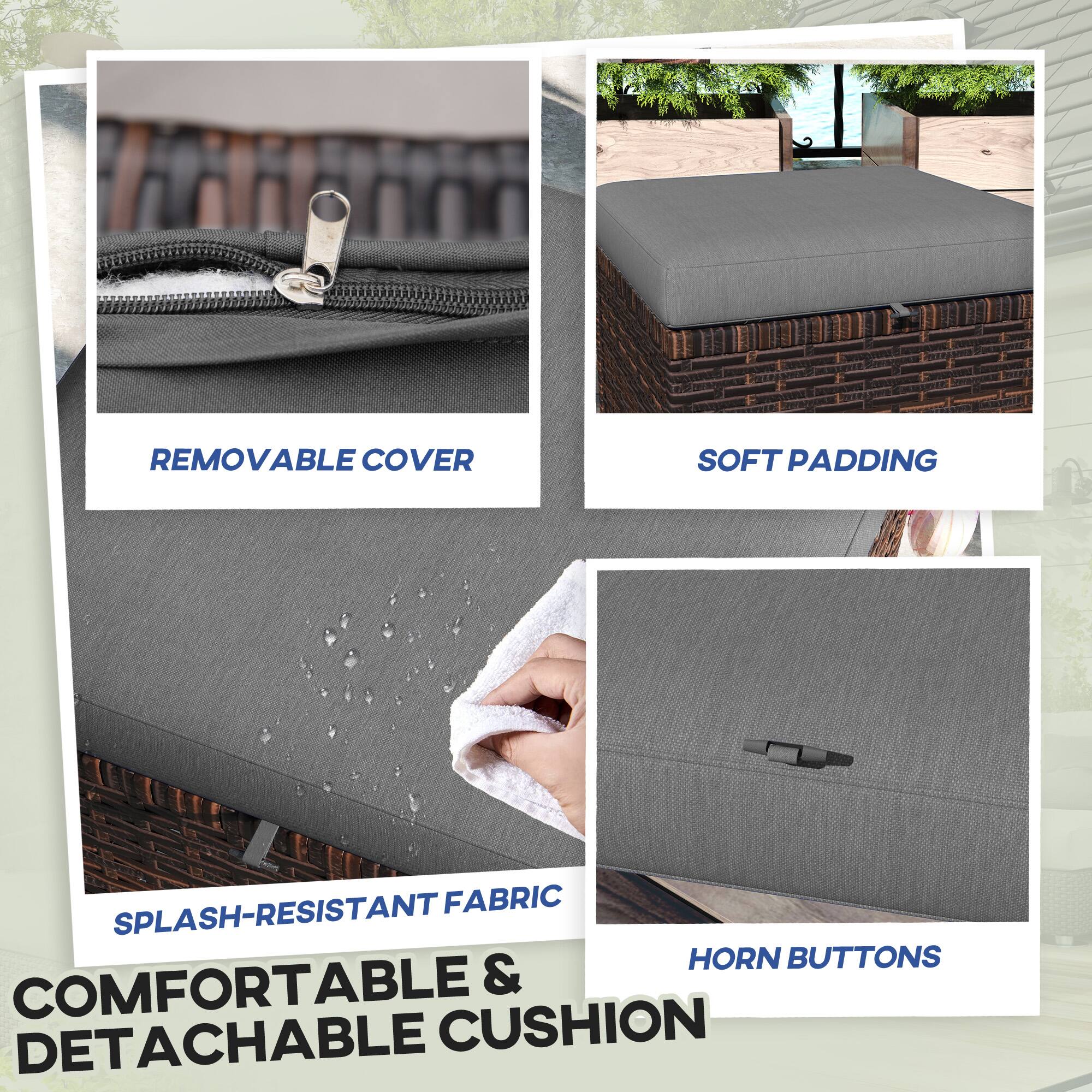 COMFORTABLE & DETACHABLE CUSHION
REMOVABLE COVER
SOFT PADDING
SPLASH-RESISTANT FABRIC
HORN BUTTONS