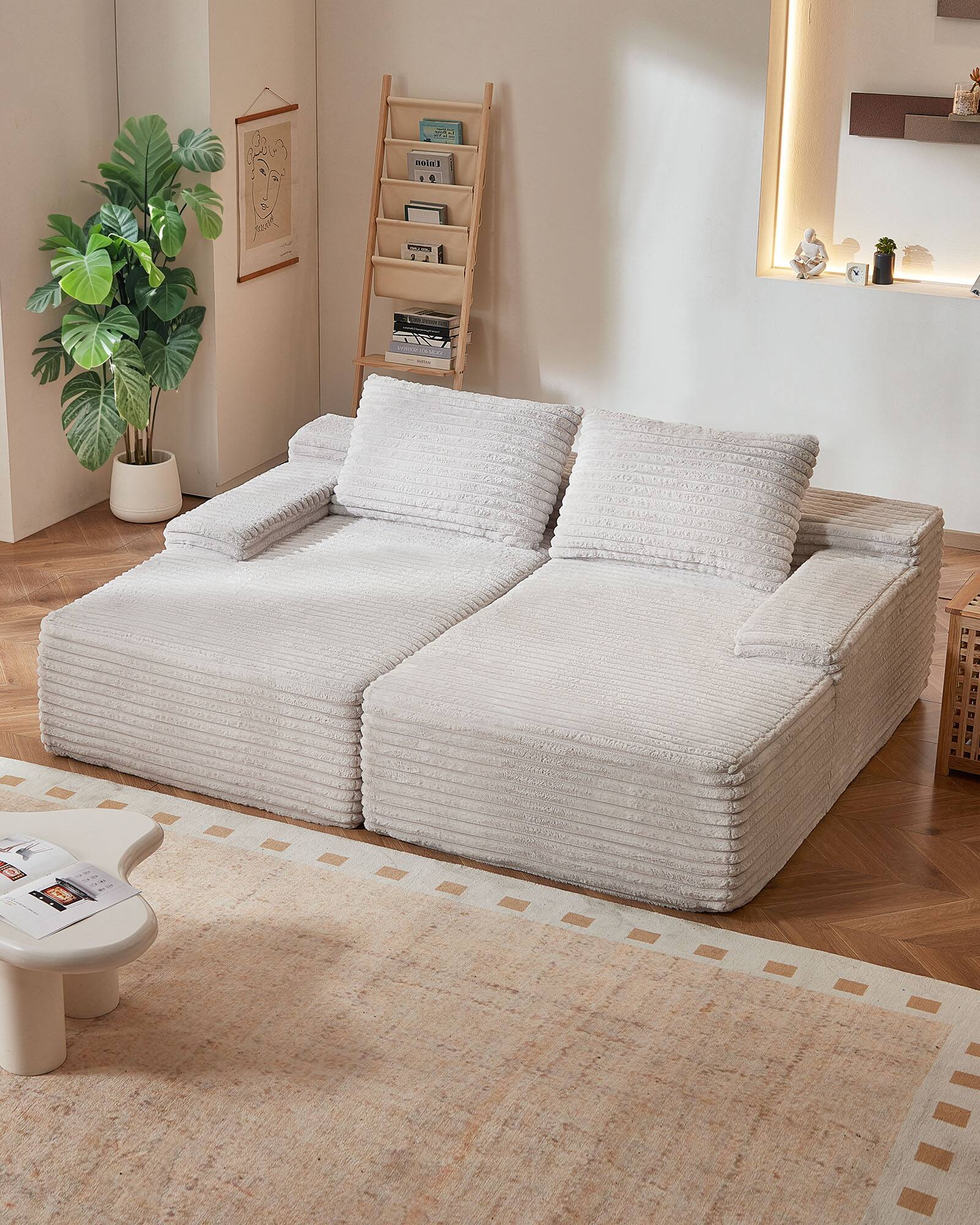 Alt View 1. VEVOR - 82.7-Inch Oversized Double Chaise Lounge, Corduroy Fabric Sectional Sofa, Cozy Deep Seat Loveseat Sofa - Beige.