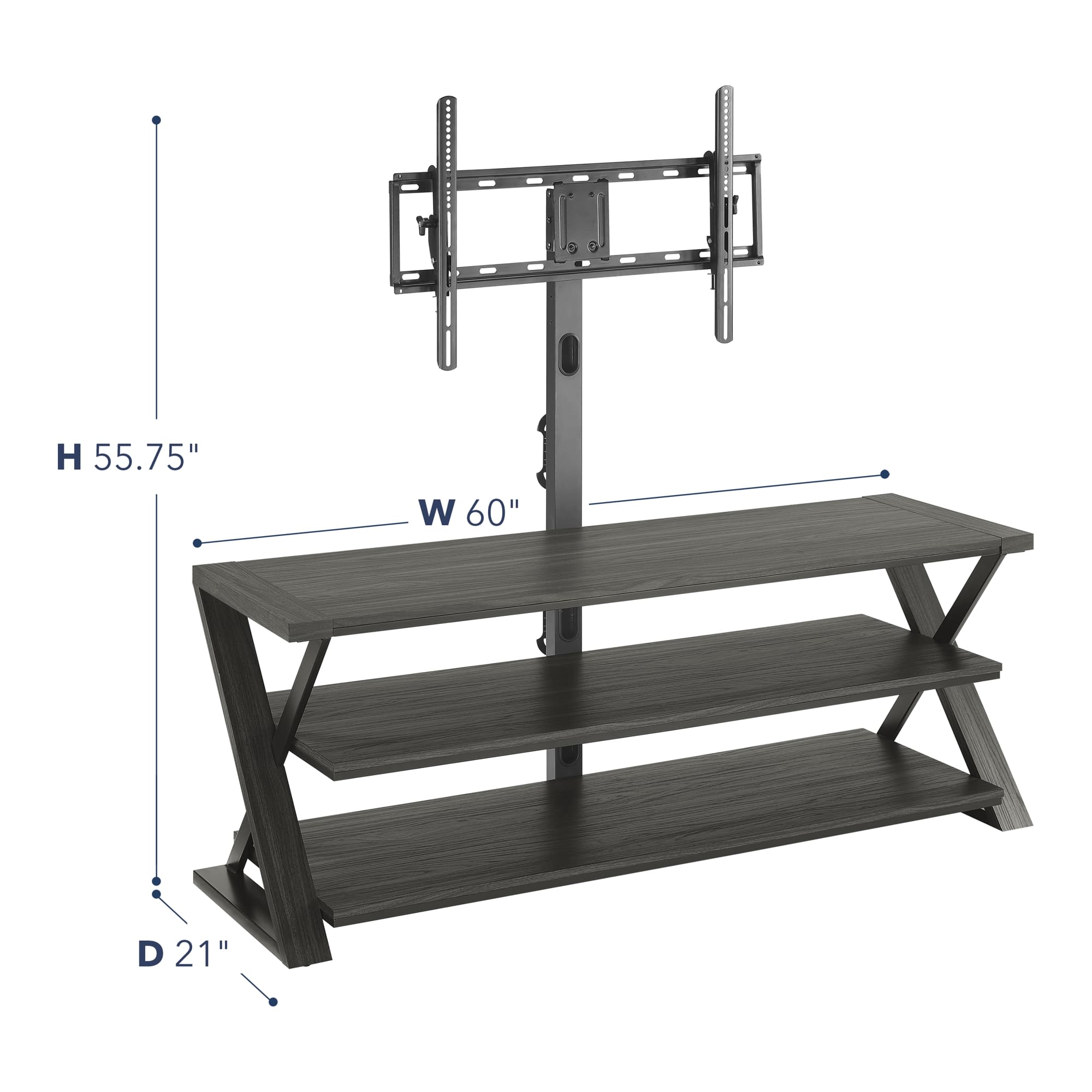 The image shows a wooden TV stand with a shelf and a bracket for a flat screen TV. The dimensions of the stand are H 55.75" W 60" D 21". The stand is designed to hold a TV that measures 60" in width.