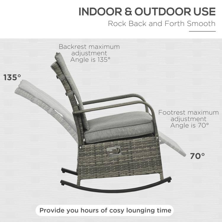 INDOOR & OUTDOOR USE  
Rock Back and Forth Smooth  

Backrest maximum adjustment Angle is 135°  
Footrest maximum adjustment Angle is 70°  

Provide you hours of cosy lounging time