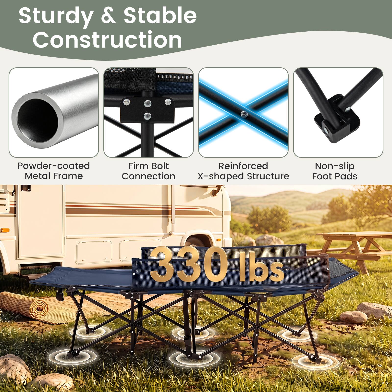 Sturdy & Stable Construction

- Powder-coated Metal Frame
- Firm Bolt Connection
- Reinforced X-shaped Structure
- Non-slip Foot Pads

330 lbs