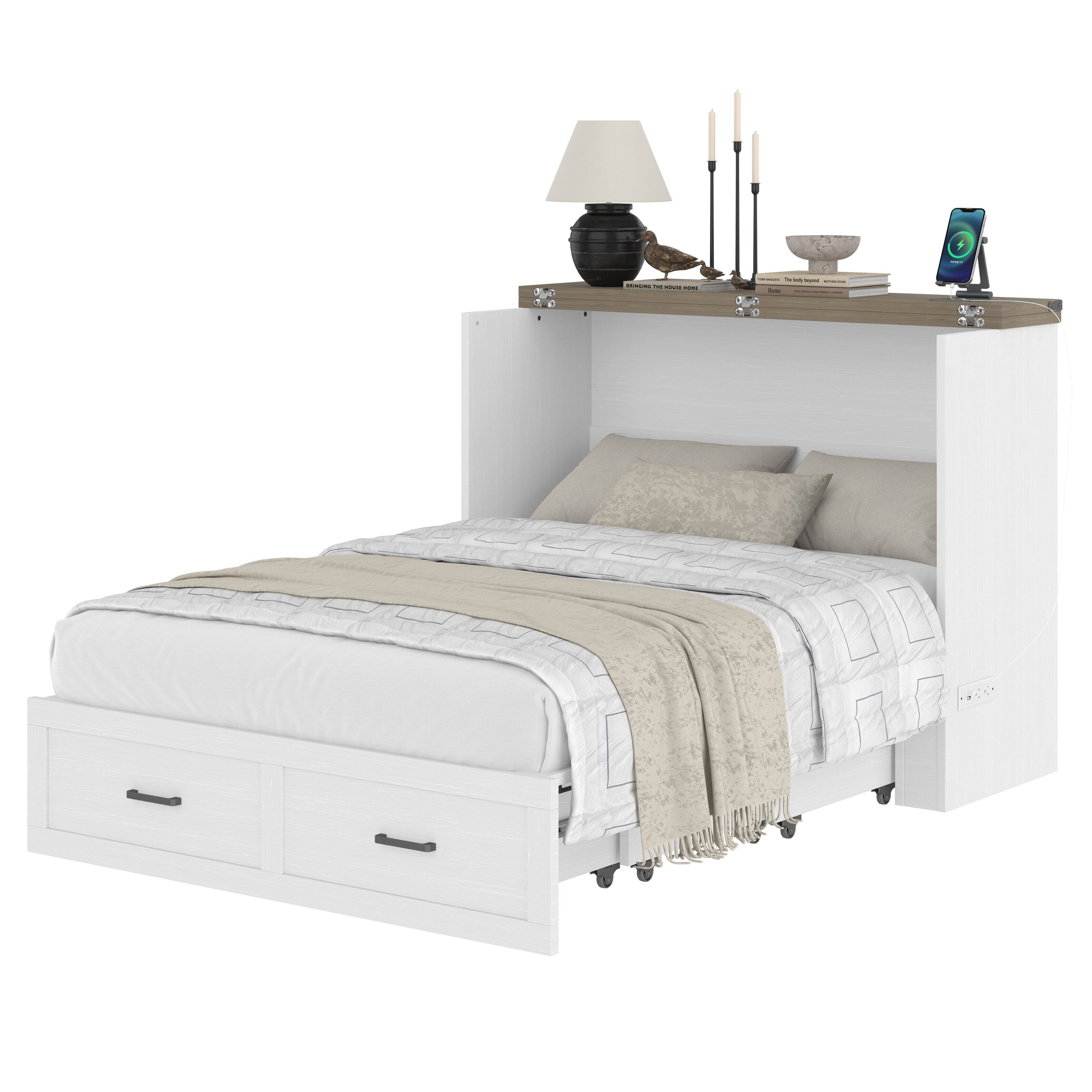 Alt View 2. Tiramisubest - Murphy Bed Cabinet Full Size with Charging Station, Multi-Functional Foldable Platform Bed with 1 Storage Drawer - White.