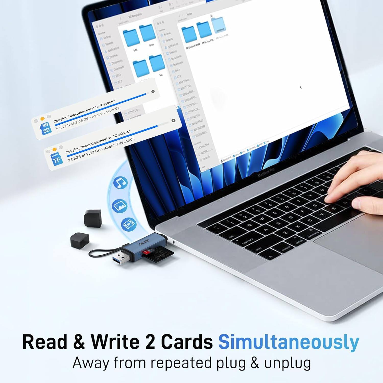 Read & Write 2 Cards Simultaneously  
Away from repeated plug & unplug