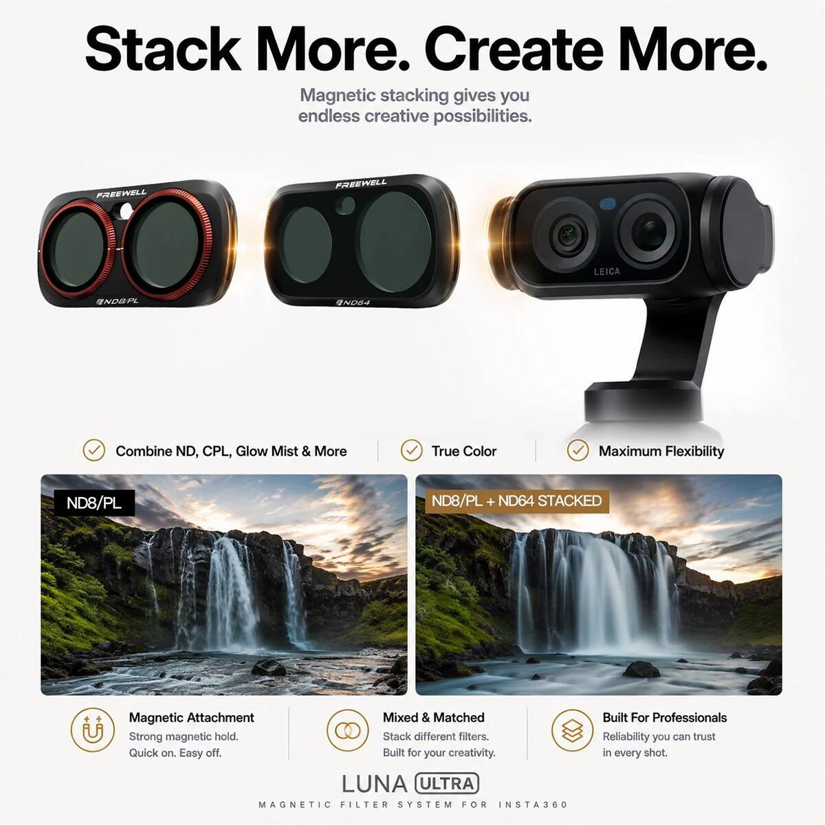 Stack More. Create More.  
Magnetic stacking gives you endless creative possibilities.

FREEWELL  
FREEWELL  
LEICA  
NDBPL  
ND64  

Combine ND, CPL, Glow Mist & More  
True Color  
Maximum Flexibility  
ND8/PL  
ND8/PL + ND64 STACKED  

Magnetic Attachment  
Strong magnetic hold. Quick on. Easy off.  

Mixed & Matched  
Stack different filters. Built for your creativity.  

Built For Professionals  
Reliability you can trust in every shot.  

LUNA ULTRA MAGNETIC FILTER SYSTEM FOR INSTA360