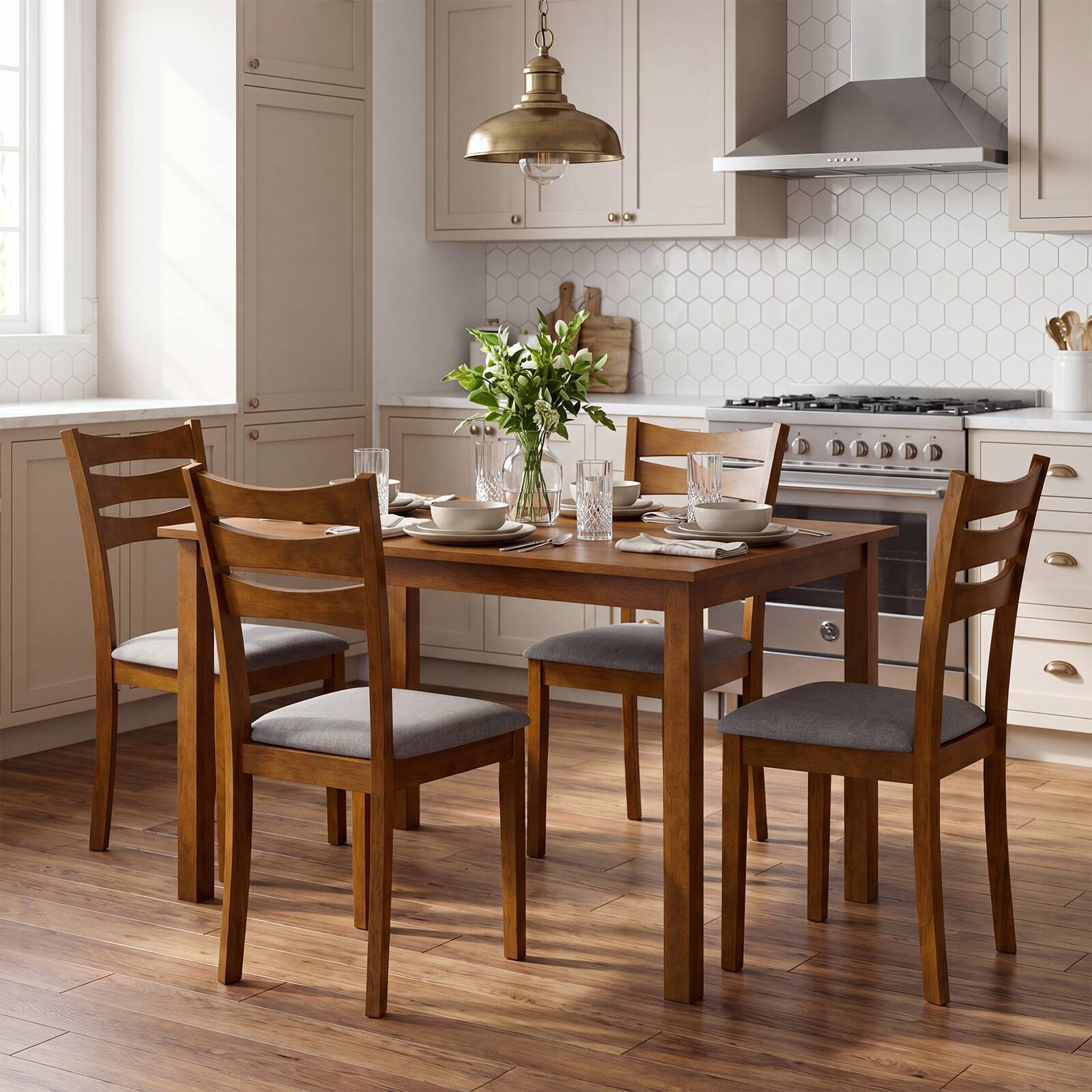 Alt View 3. Gymax - Gymax 5PCS Dining Table Set for 4 w/Linen Fabric Upholstered Chairs Rubber Wood Frame - Brown.
