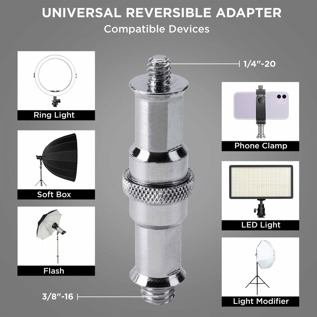 UNIVERSAL REVERSIBLE ADAPTER

Compatible Devices

1/4"-20

Ring Light

Phone Clamp

Soft Box

LED Light

Flash

Light Modifier

3/8"-16