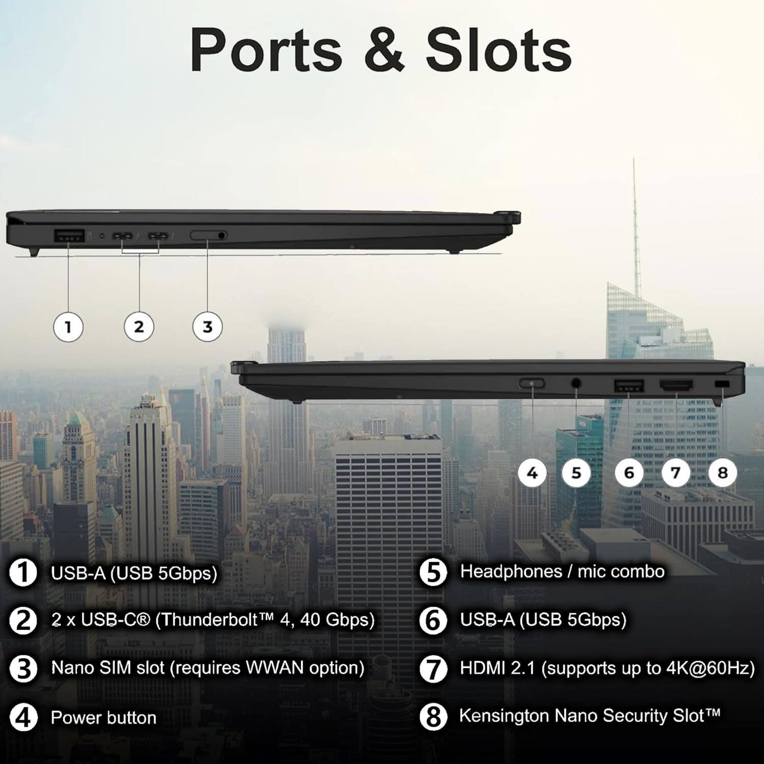 Ports & Slots

1. USB-A (USB 5Gbps)
2. 2 x USB-C™ (Thunderbolt™ 4, 40 Gbps)
3. Nano SIM slot (requires WWAN option)
4. Power button
5. Headphones / mic combo
6. USB-A (USB 5Gbps)
7. HDMI 2.1 (supports up to 4K@60Hz)
8. Kensington Nano Security Slot™