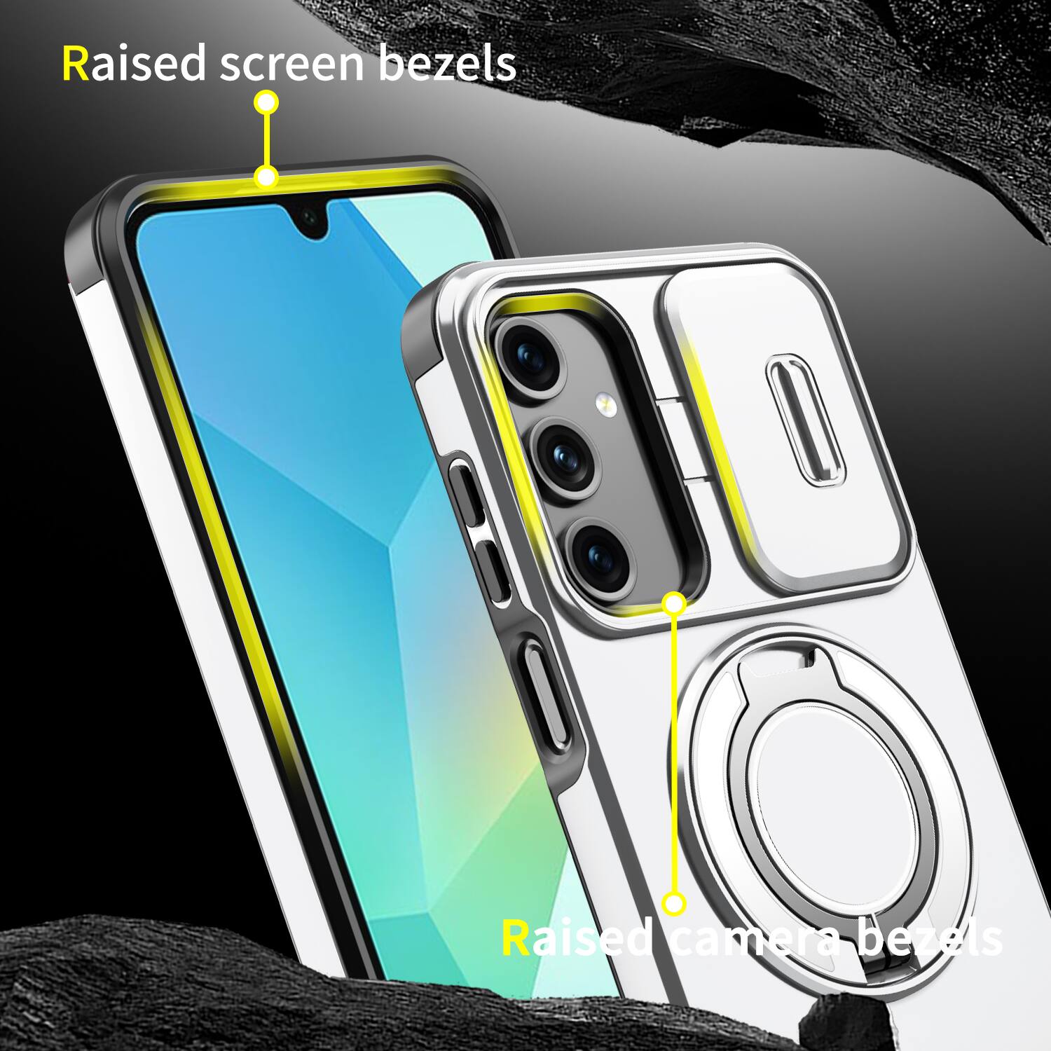 Raised screen bezels  
Raised camera bezels