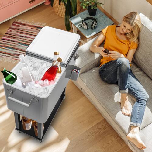 Alt View 8. Winado - 80QT Rolling Ice Chest, Portable Party Bar Drink Cooler Cart with Shelf, Beverage Pool Bottle Opener, Wheels for Outdoor - Silver & Gray.