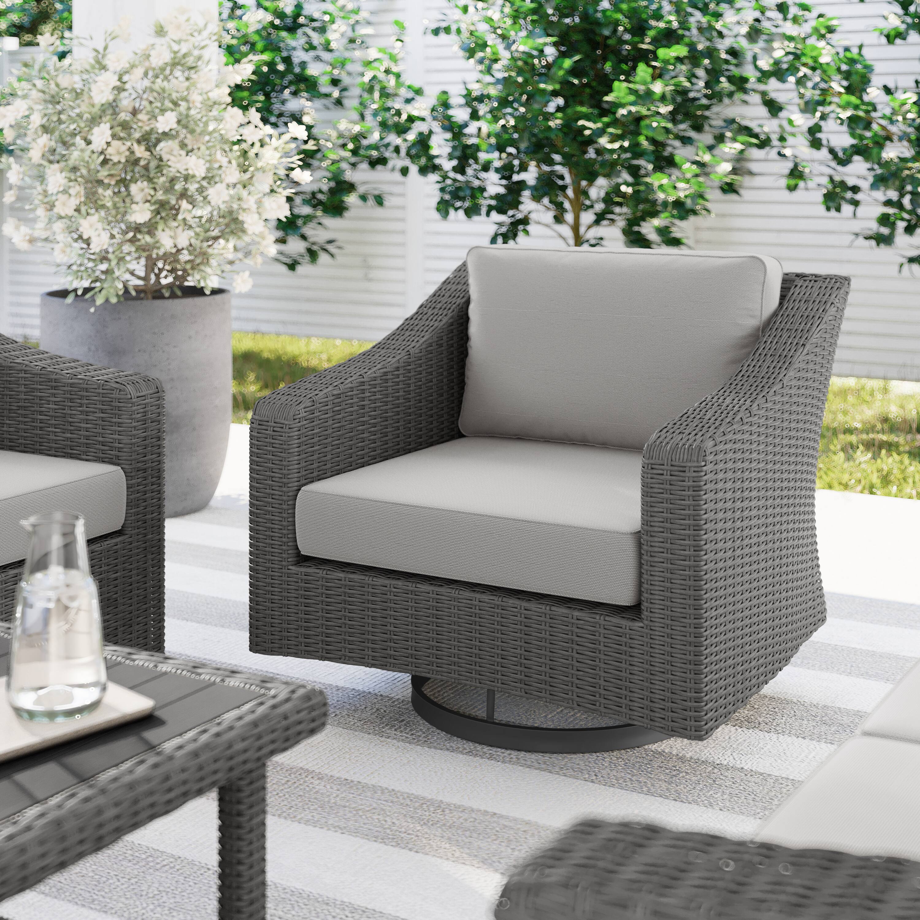 Alt View 4. Martha Stewart - Bedford 2PK Outdoor Rattan Wicker Swivel Chairs with All-Weather Cushions - Gray Cushions/Gray Frame.
