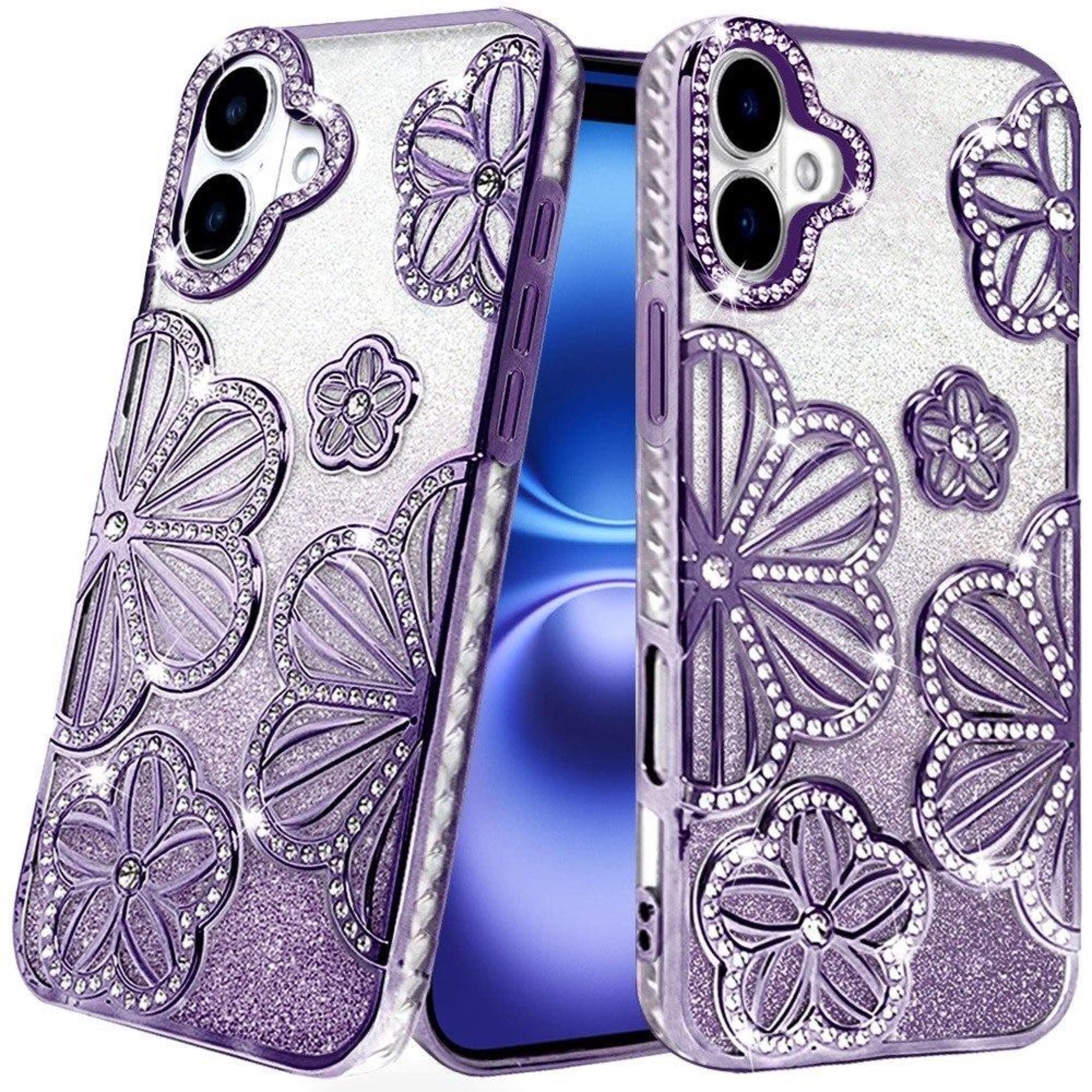 Kitcheniva - 3D Floral Glitter Phone Case With Tempered Glass For iPhone 17 - Purple