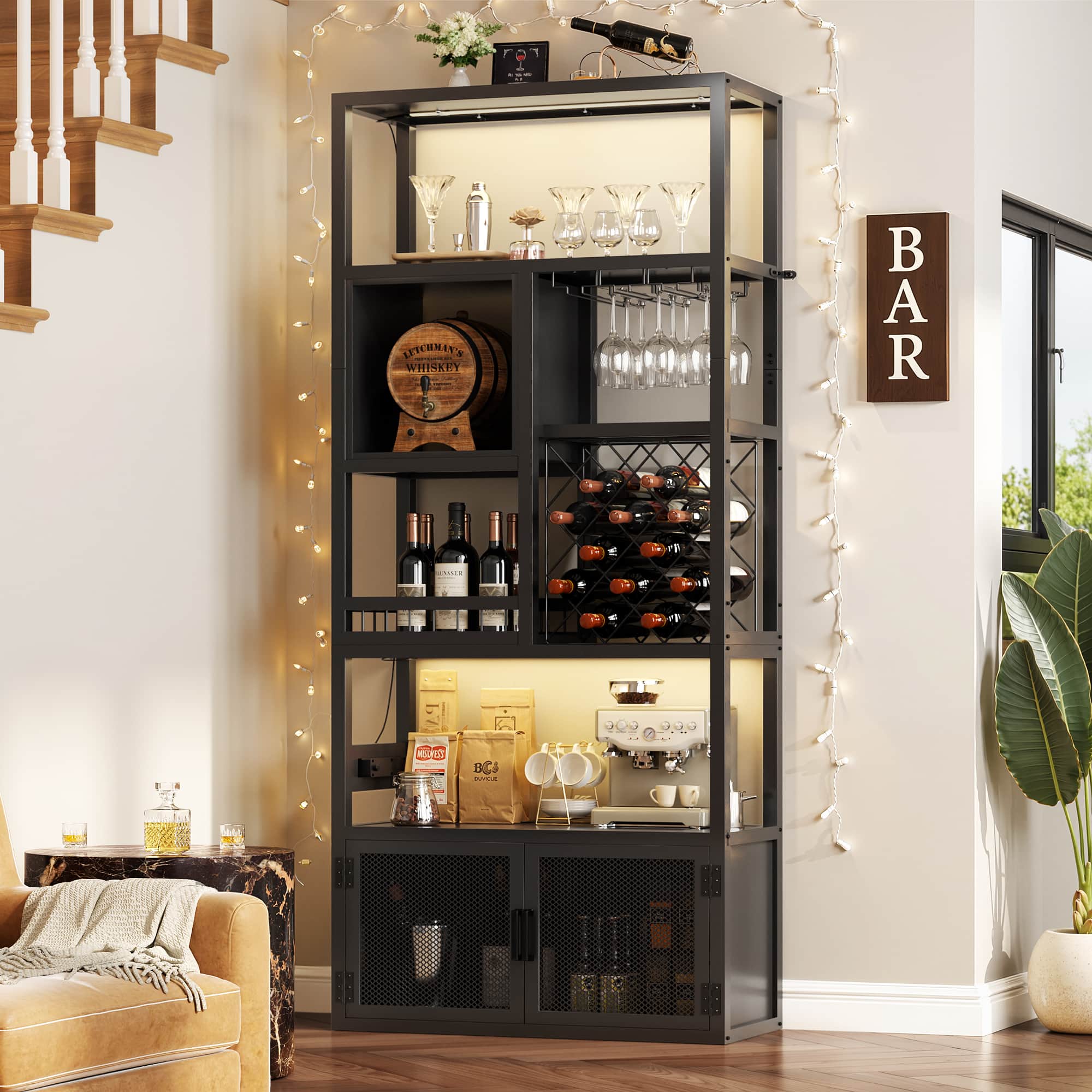 Aheaplus - 82.6'' Tall Wine Bar Cabinet with LED Lights and Outlets, 6-Tier Bar Stand with Glass Holder & Wine Rack - Black price history on PriceWatchPro
