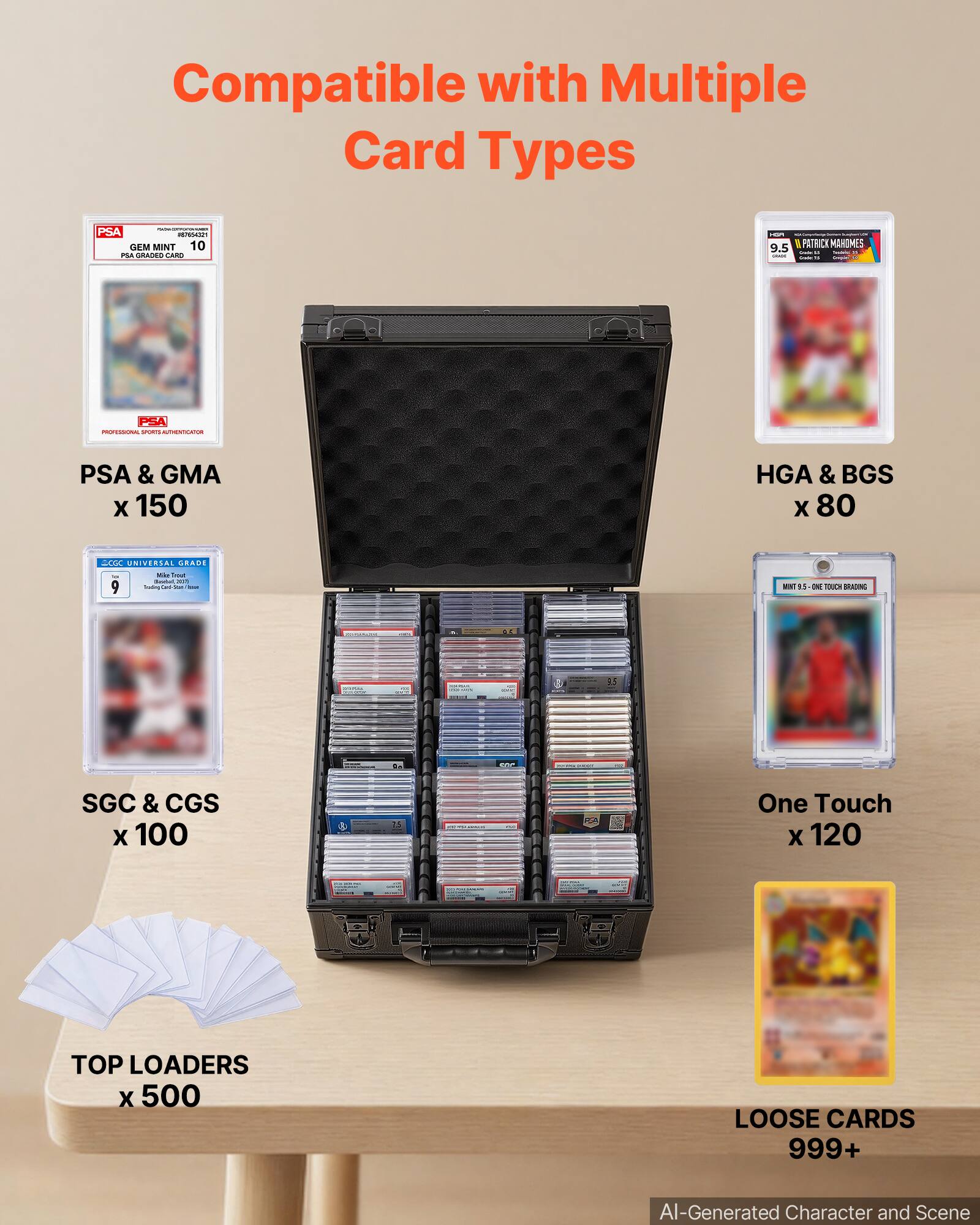 Compatible with Multiple Card Types

PSA & GMA x 150

HGA & BGS x 80

SGC & CGS x 100

One Touch x 120

TOP LOADERS x 500

LOOSE CARDS 999+

AI-Generated Character and Scene