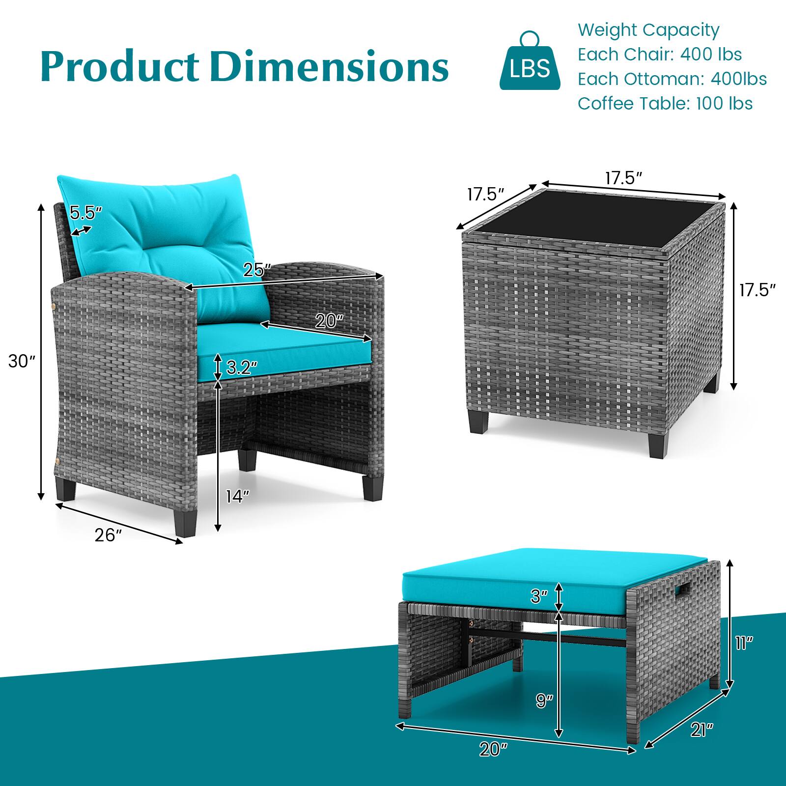 Weight Capacity Each Chair: 400 lbs  
Product Dimensions  
Each Ottoman: 400 lbs  
Coffee Table: 100 lbs  

Chair:  
- Height: 30"  
- Width: 26"  
- Depth: 25"  
- Seat Height: 14"  
- Seat Depth: 20"  
- Back Height: 5.5"  
- Armrest Height: 3.2"  

Ottoman:  
- Height: 17.5"  
- Width: 17.5"  
- Depth: 17.5"  

Coffee Table:  
- Height: 11"  
- Width: 20"  
- Depth: 21"