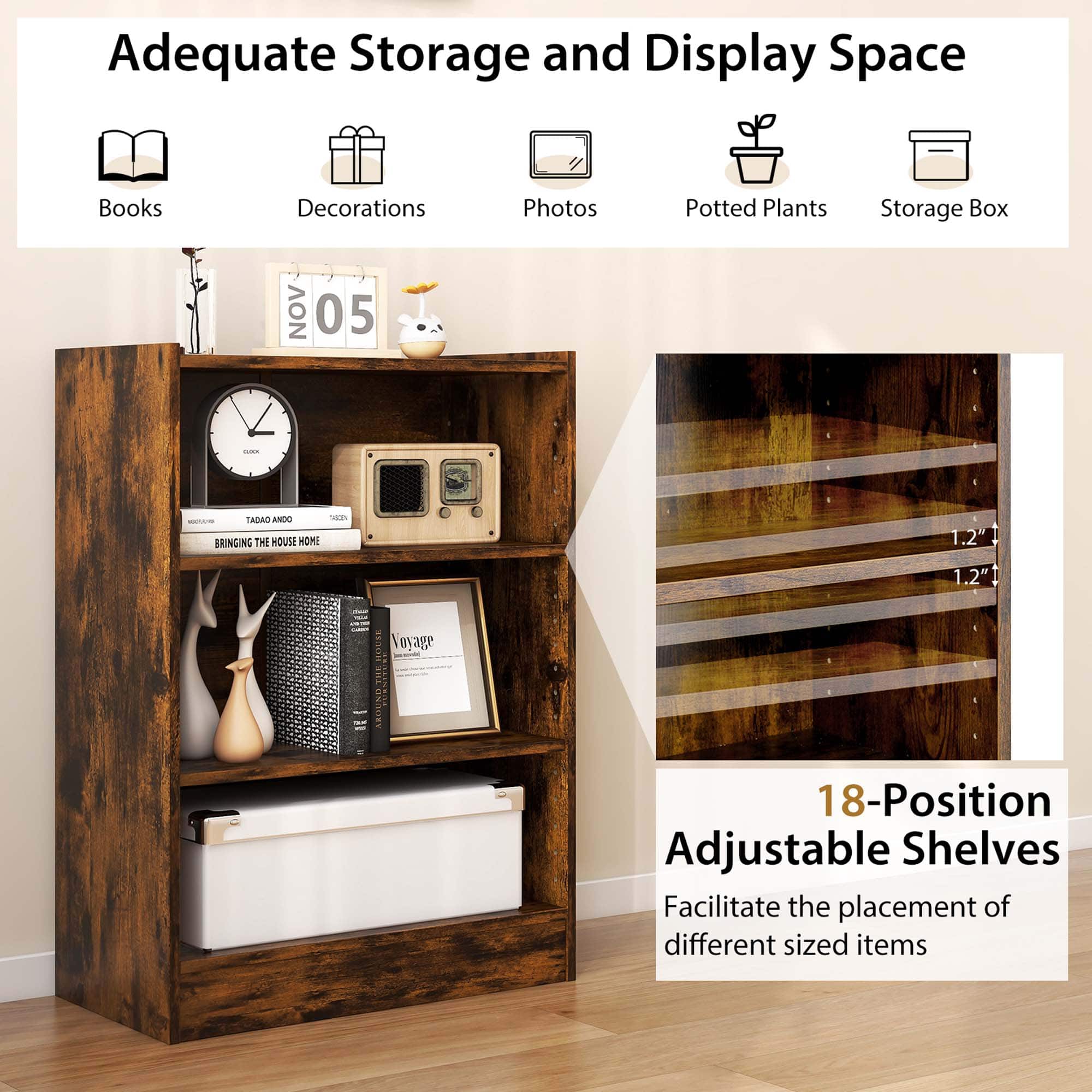 Adequate Storage and Display Space: Books, Decorations, Photos, Potted Plants, Storage Box. NOV 05 - TASA ANDO . BRINGING THE HOUSE KOME 1.2" 1,2" mage BEGNAORY FUSNIT 18-Position Adjustable Shelves: Facilitate the placement of different sized items.