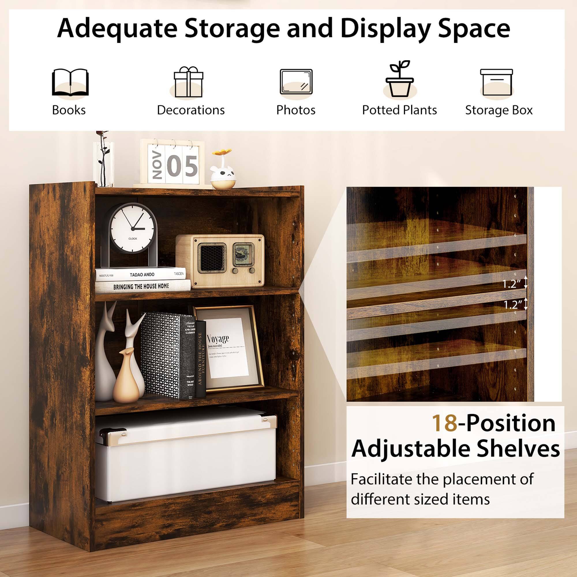 Adequate Storage and Display Space: Books, Decorations, Photos, Potted Plants, Storage Box. NOV 05 - TASA ANDO .  BRINGING THE HOUSE KOME 1.2" 1,2" mage  BEGNAORY FUSNIT 18-Position Adjustable Shelves: Facilitate the placement of different sized items.