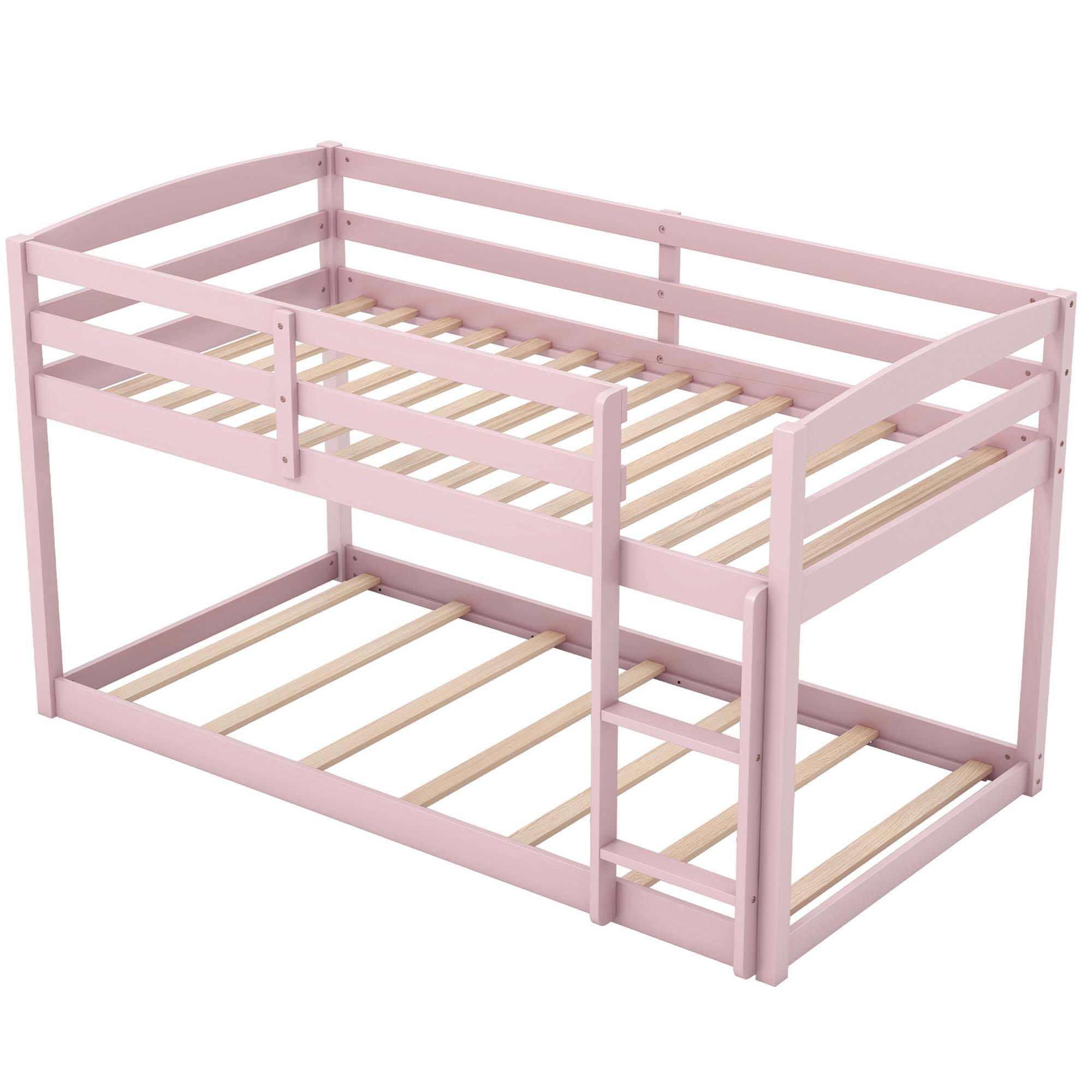 Alt View 6. Costway - Costway Twin over Twin Low Bunk Bed with Guardrails Integrated Ladder Kids Wooden White Pink - Pink.