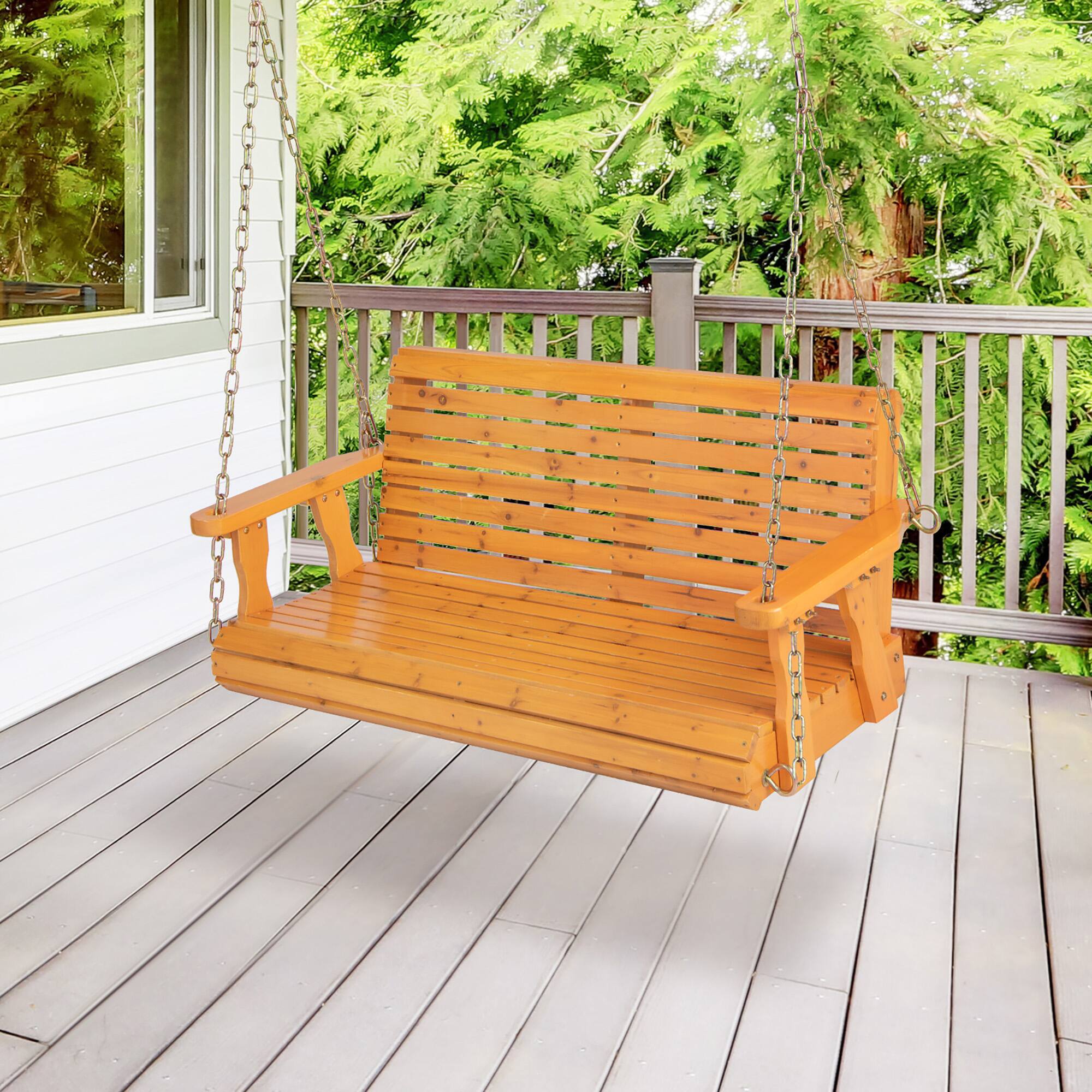 Alt View 1. Gymax - Gymax 2-Person Porch Swing Chair Wooden Garden Swing Bench w/ Adjustable Chains Orange - Orange.
