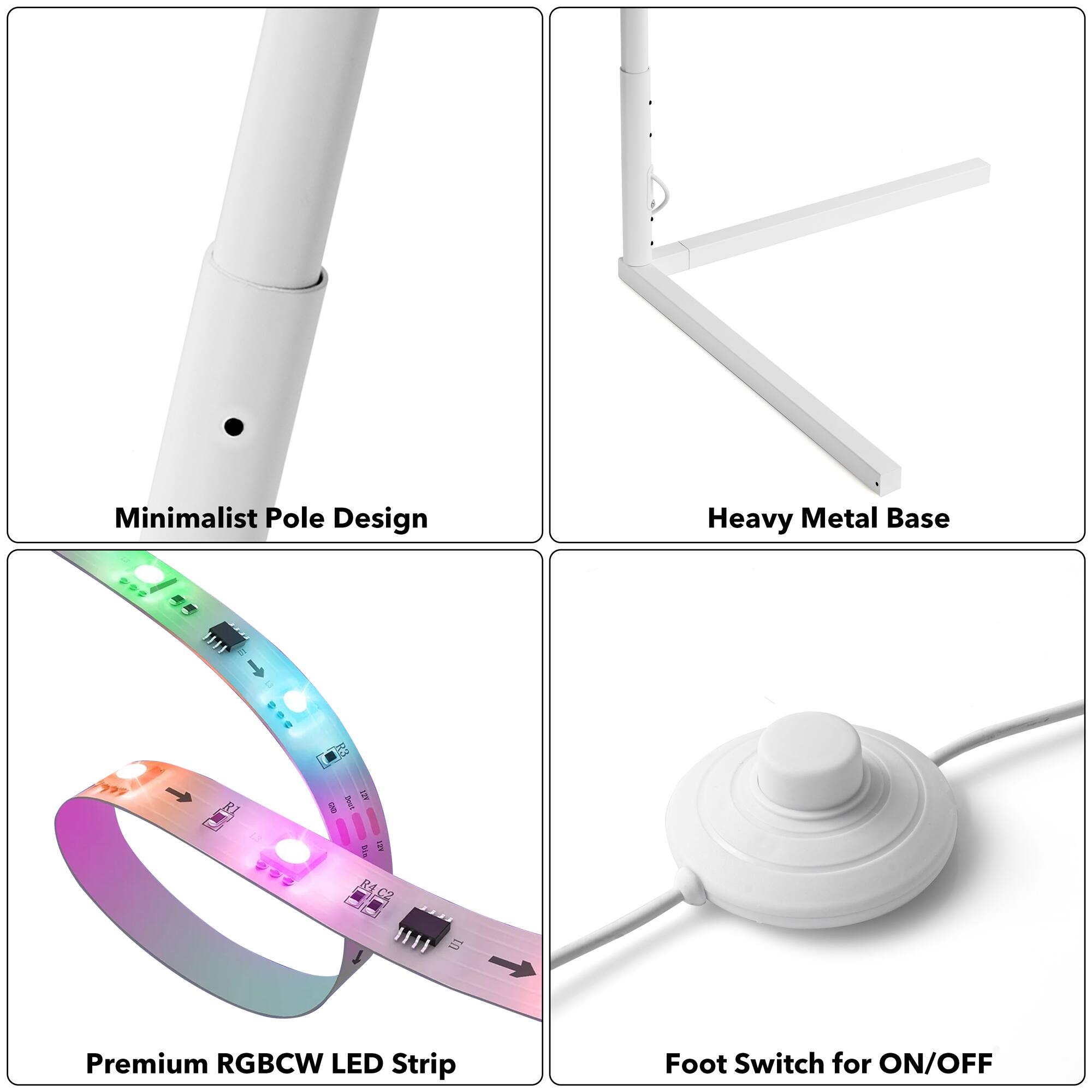 Minimalist Pole Design, Heavy Metal Base, Premium RGBCW LED Strip, Foot Switch for ON/OFF