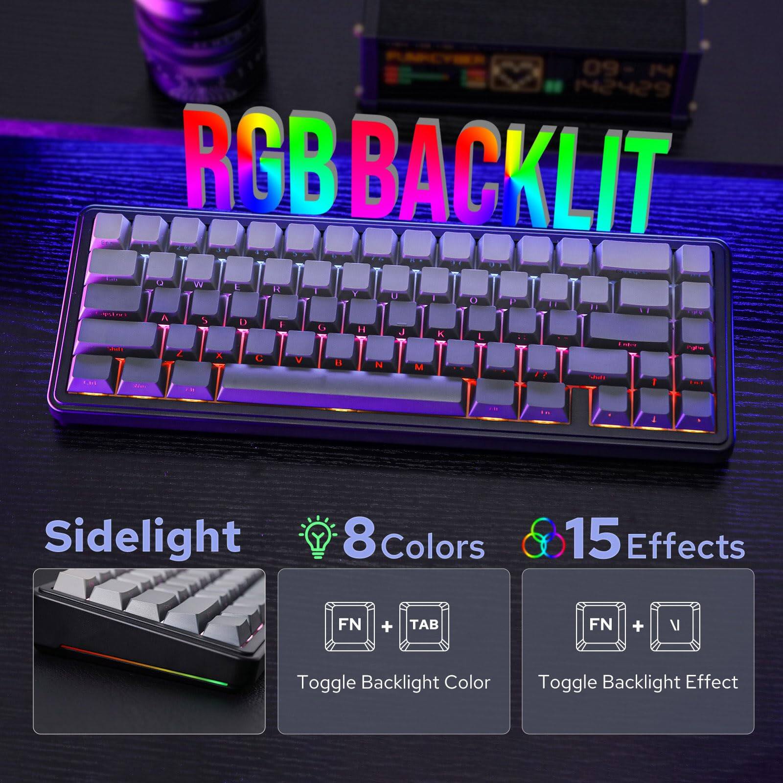 09 - RGB BACKLIT - 1 - A & AA 0 N 1 2 - Y U O 1 I 1 WIN A 5 D I - ds H - J - K - L n-s - nEs 2 x C V is N M 1 aut R1 1 AiE - i Sidelight 8 Colors 15 Effects FN + TAB Toggle Backlight Color FN + V Toggle Backlight Effect