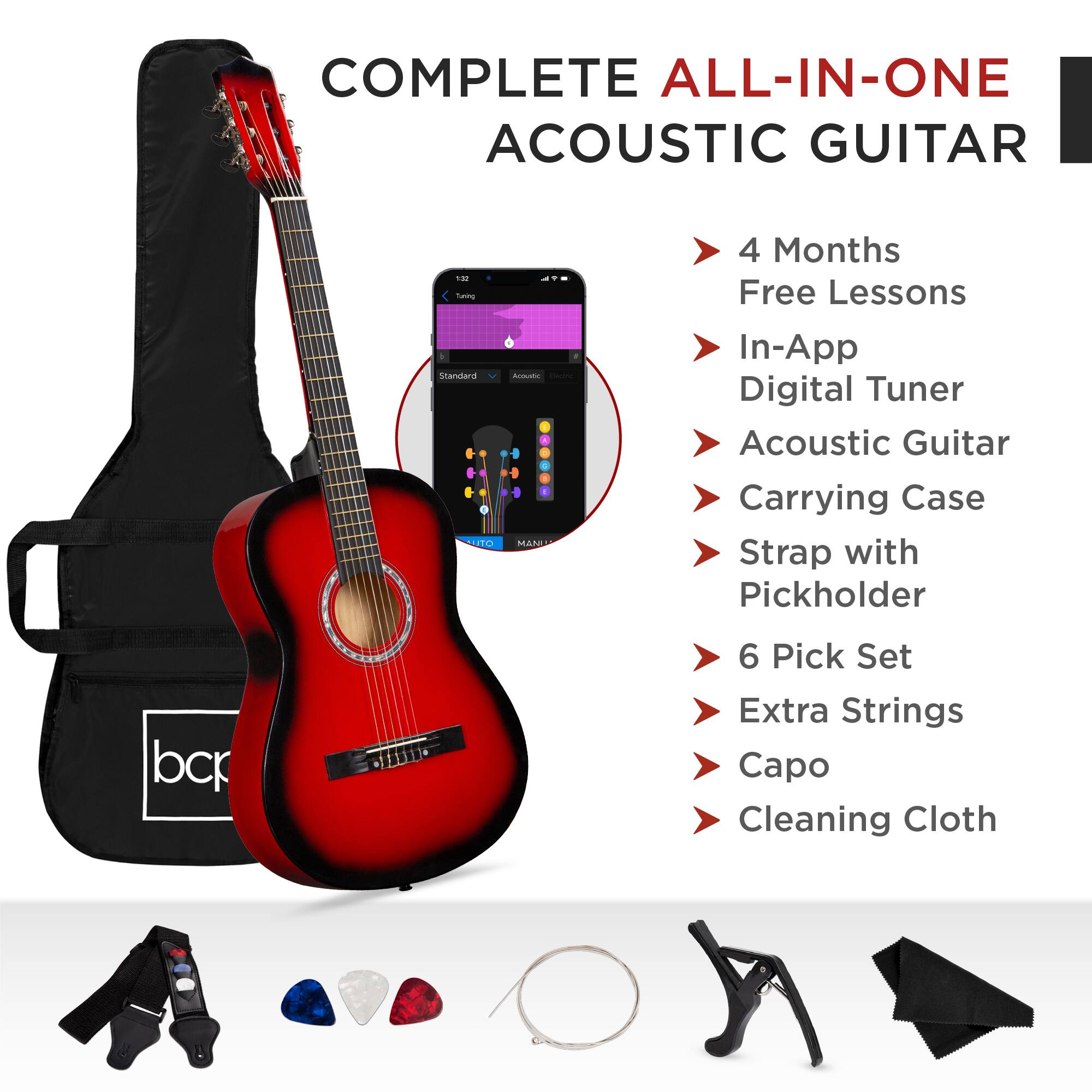 COMPLETE ALL-IN-ONE ACOUSTIC GUITAR

- 4 Months Free Lessons
- In-App Digital Tuner
- Acoustic Guitar
- Carrying Case
- Strap with Pickholder
- 6 Pick Set
- Extra Strings
- Capo
- Cleaning Cloth