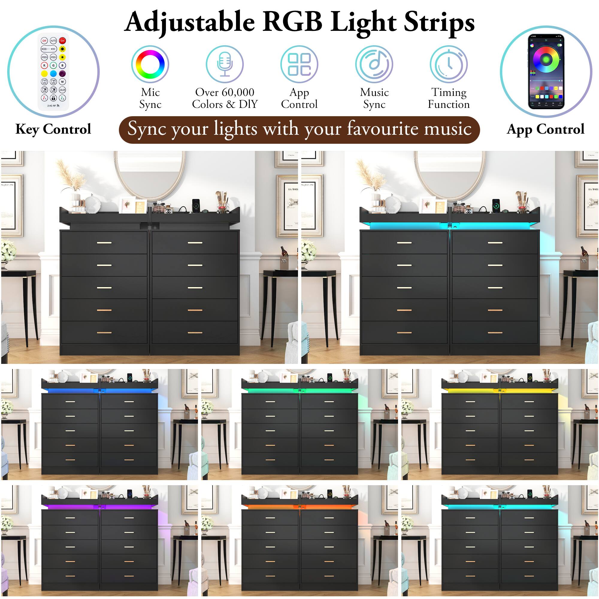 Adjustable RGB Light Strips

- 1 Y 7 A Key Control
- Mic Sync
- Over 60,000 Colors & DIY
- App Control
- Music Sync
- Timing Function

Sync your lights with your favourite music