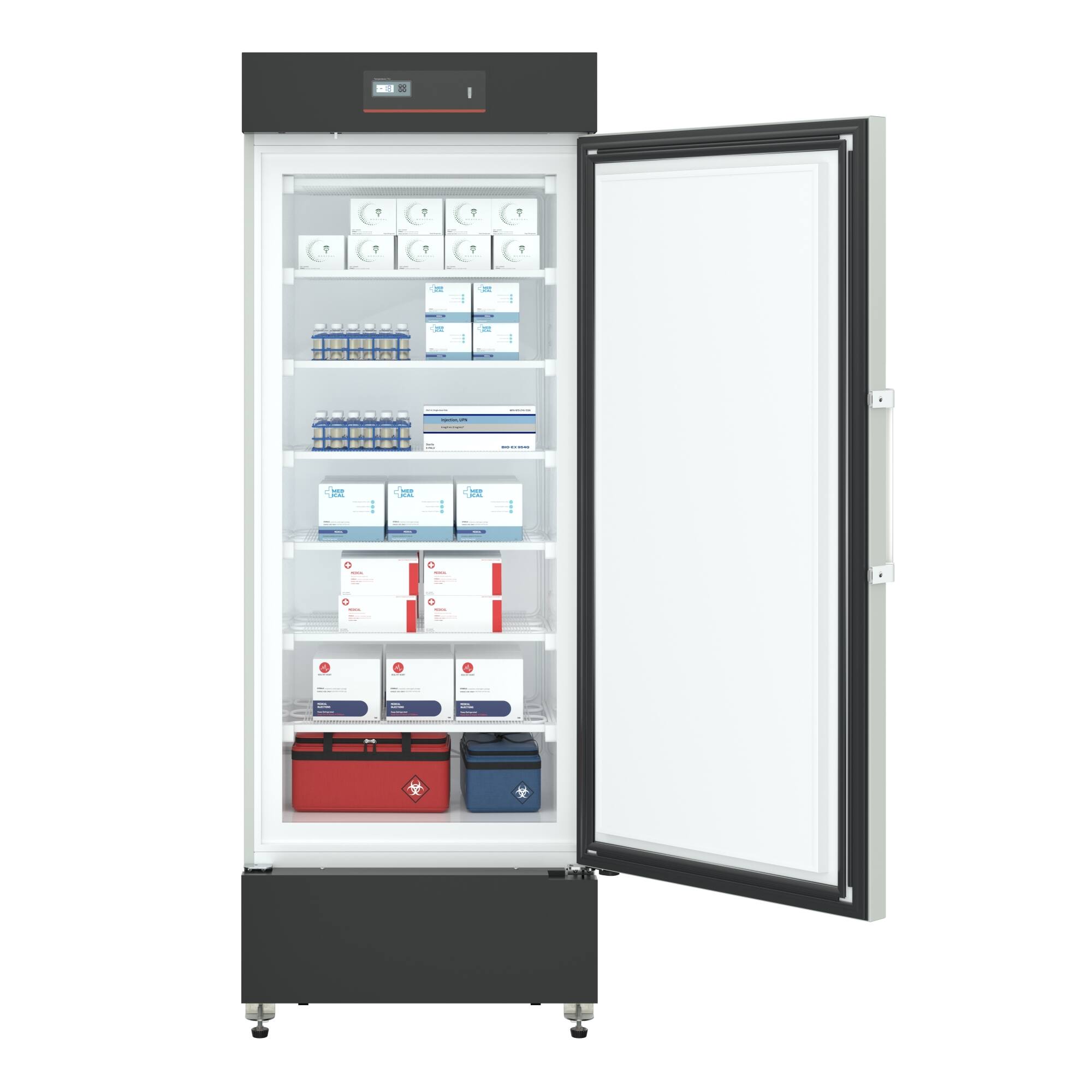 Angle. Koolmore - 27 in. -25 C Upright Medical Freezer For Pharmacy / Laboratory Dynamic Freeze, LED Display, Multi-Level Emergency Alarms - Stainless steel.