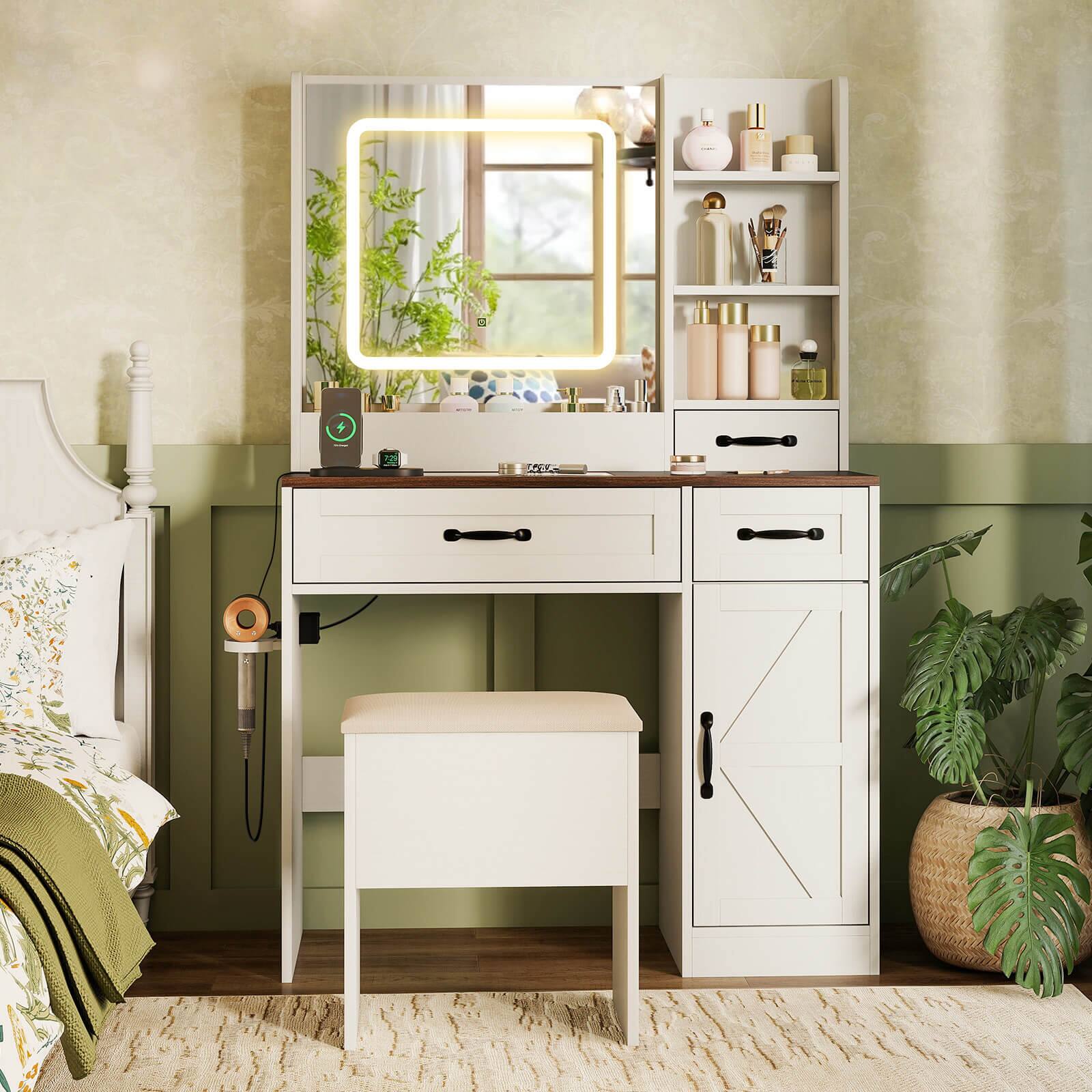 Alt View 1. Costway - Costway Vanity Desk with Mirror & Power Outlets Dressing Table with 3 Color lighting - White.