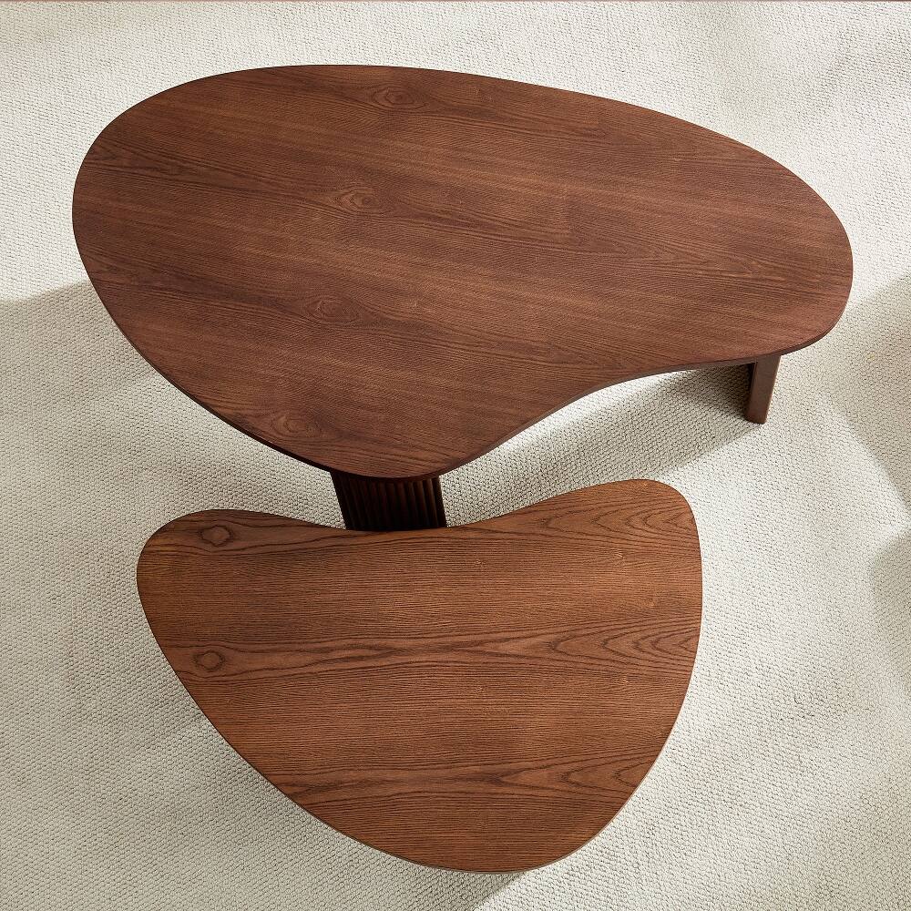 Alt View 3. Loheer - Loheer 2-Piece Modern Irregular Shape Coffee Table Set Walnut Nesting End Tables - Walnut.