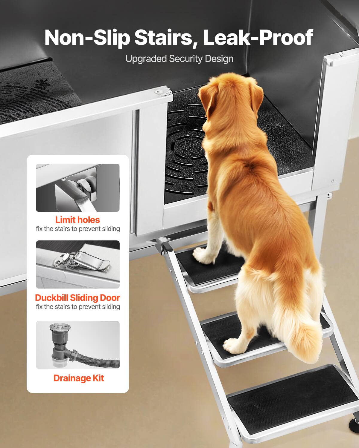 Non-Slip Stairs, Leak-Proof  
Upgraded Security Design  

Limit holes  
fix the stairs to prevent sliding  

Duckbill Sliding Door  
fix the stairs to prevent sliding  

Drainage Kit