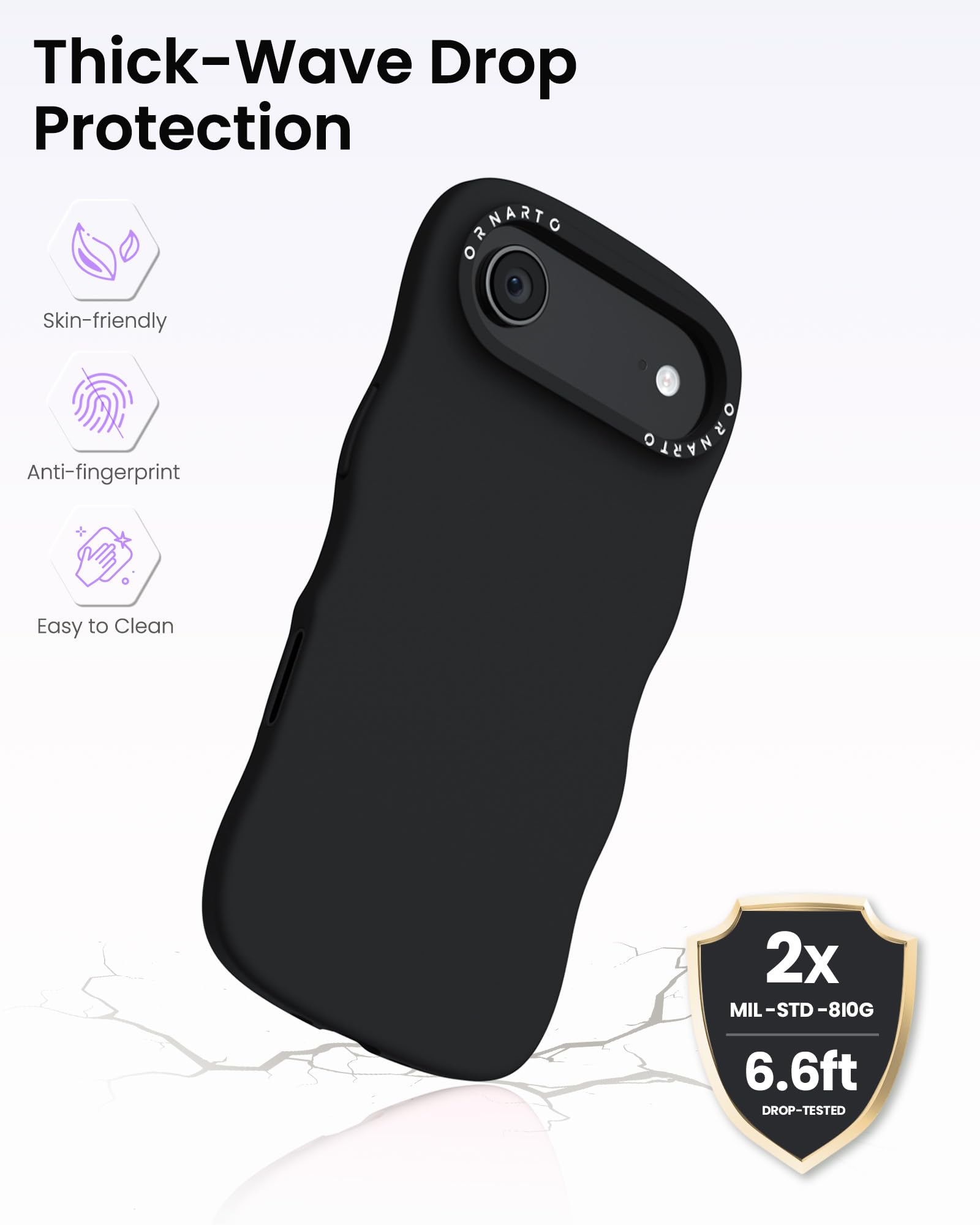 Thick-Wave Drop Protection

- Skin-friendly
- Anti-fingerprint
- Easy to Clean

2x MIL-STD-810G  
6.6ft DROP-TESTED
