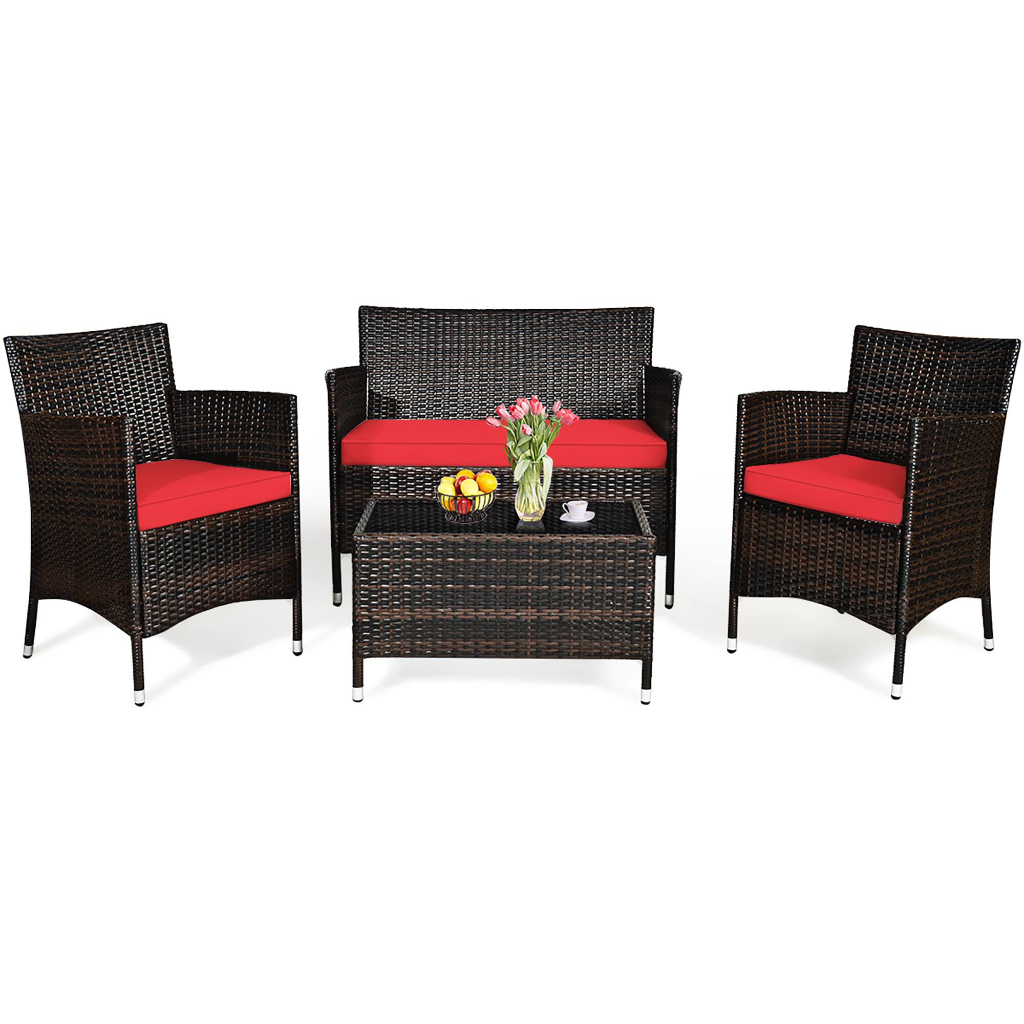 Alt View 1. Gymax - Gymax 4PCS Patio Rattan Conversation Furniture Set Outdoor w/ Red Cushion - Red.