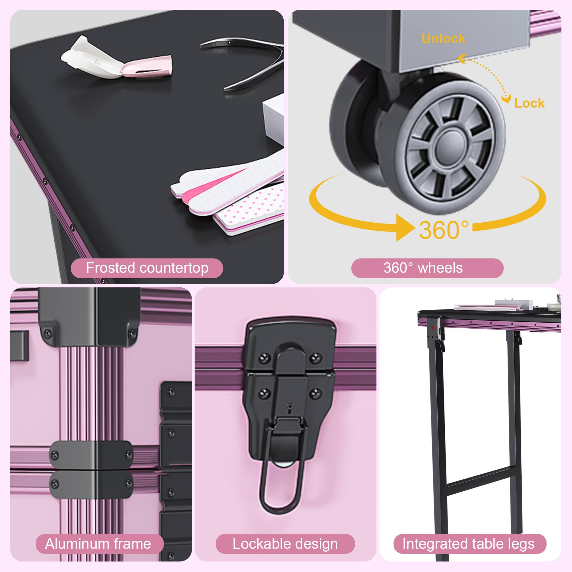 - Frosted countertop
- 360° wheels
- Aluminum frame
- Lockable design
- Integrated table legs