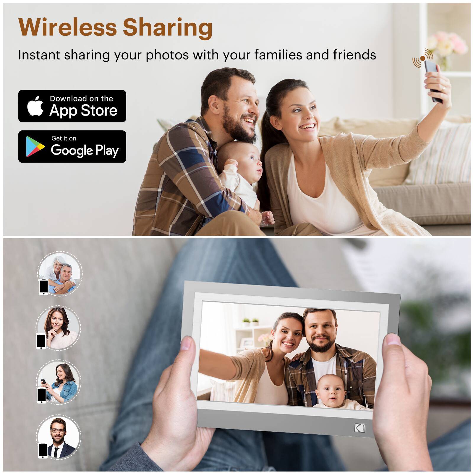 Wireless Sharing  
Instant sharing your photos with your families and friends  

Download on the App Store  
Get it on Google Play