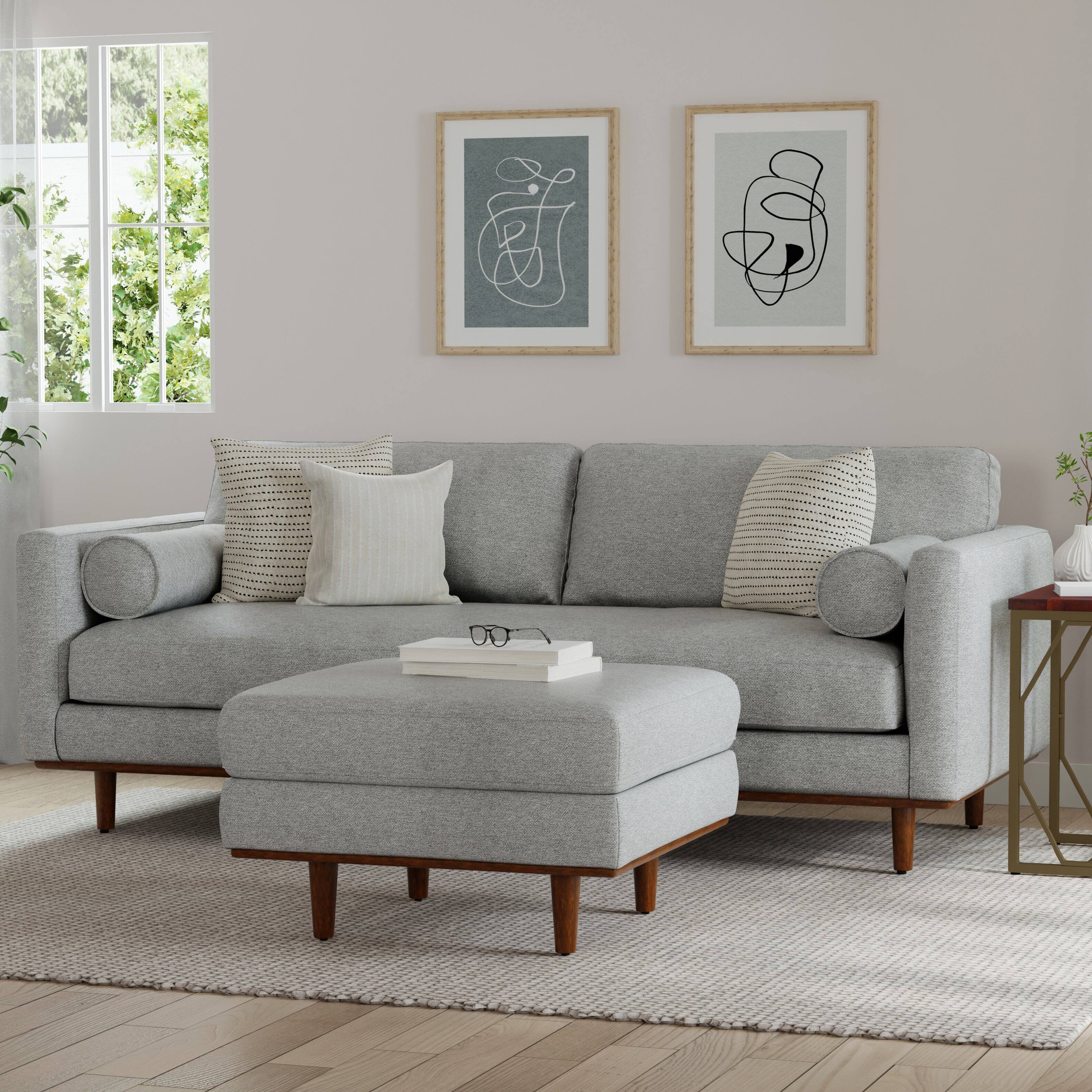 Angle. Simpli Home - Morrison Mid-Century Modern 89 inch Wide Sofa with Ottoman Set in Mist Grey Tightly Woven Performance Fabric - Mist Grey.