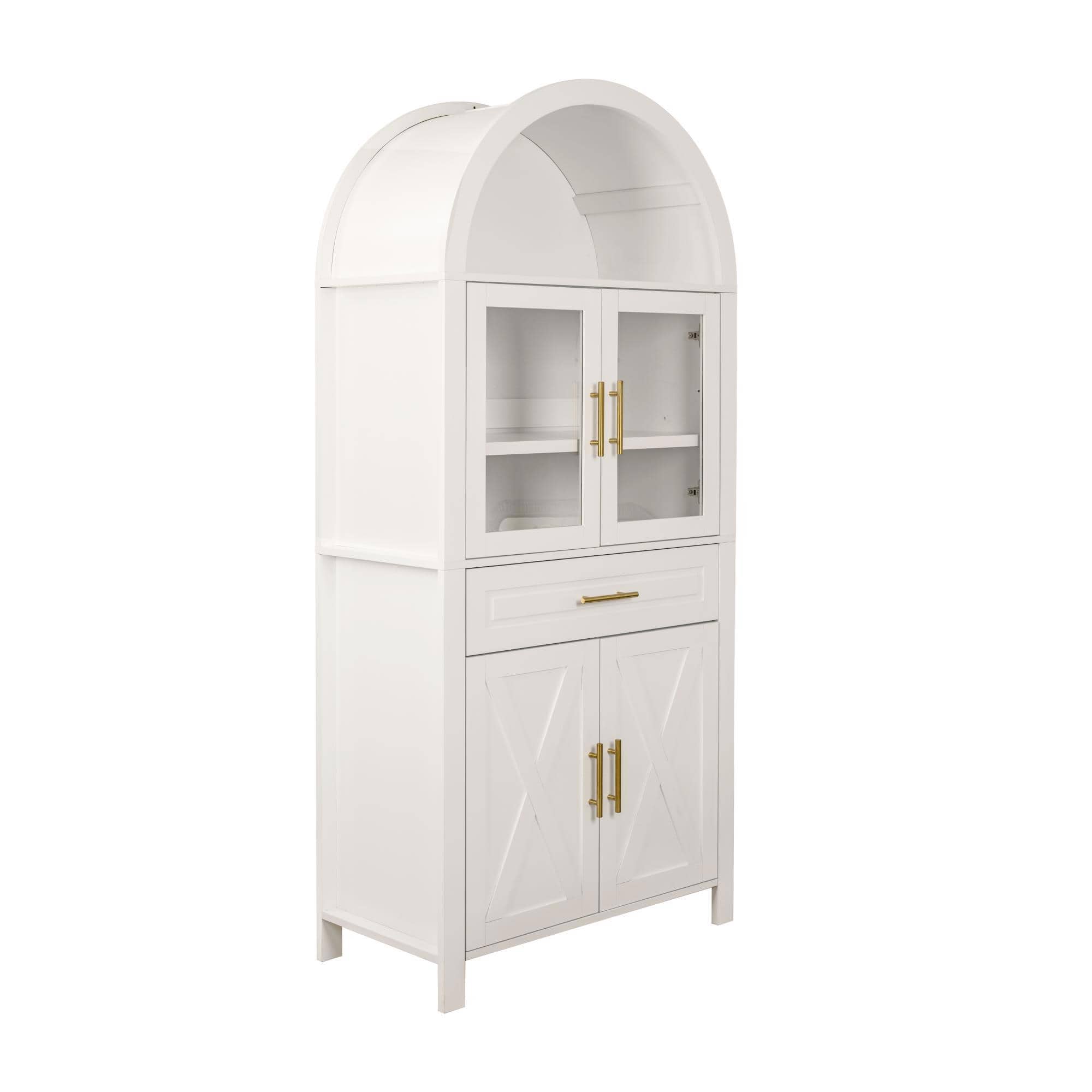 Spaco - 71" Arched Farmhouse Pantry Cabinet with Glass Door, Adjustable Shelves, Barn Door Design, for Kitchen Dining Room - White