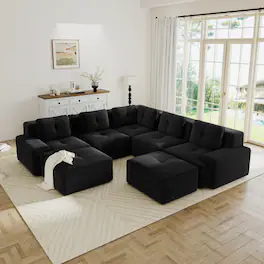 Anysun - V-Shape Corduroy 5-Seat Modular Sectional Sofa - Deep-Seat Couch with 2 Ottomans, Pearl Piping, Tufted, No Assembly - Black