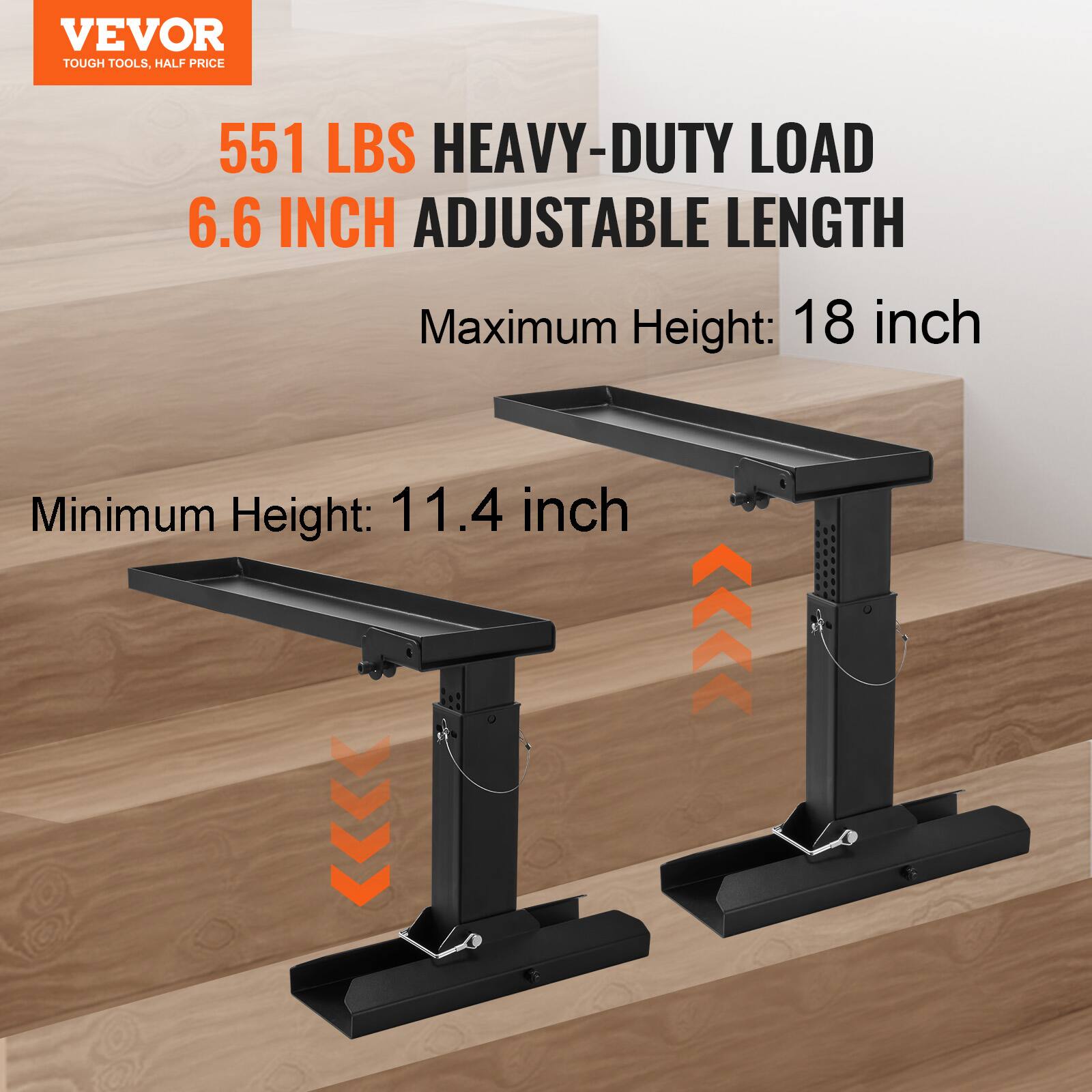 VEVOR TOUGH TOOLS, HALF PRICE  
551 LBS HEAVY-DUTY LOAD  
6.6 INCH ADJUSTABLE LENGTH  
Maximum Height: 18 inch  
Minimum Height: 11.4 inch