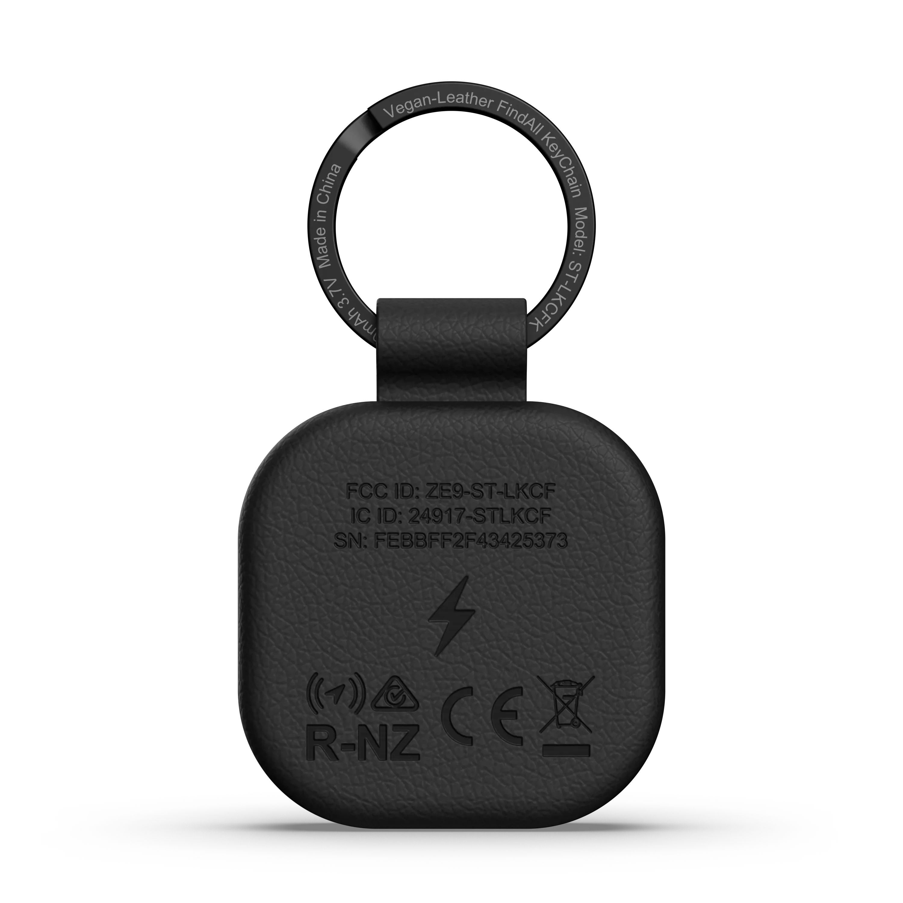Vegan-Leather FindAI KeyChain  
Made in China  

Model: 3.7V 3 ST-LKCF  
FCC ID: ZE9-ST-LKCF  
IC ID: 24917-STLKCF  
SN: FEBBFF2F43425373  

R-NZ  
CE