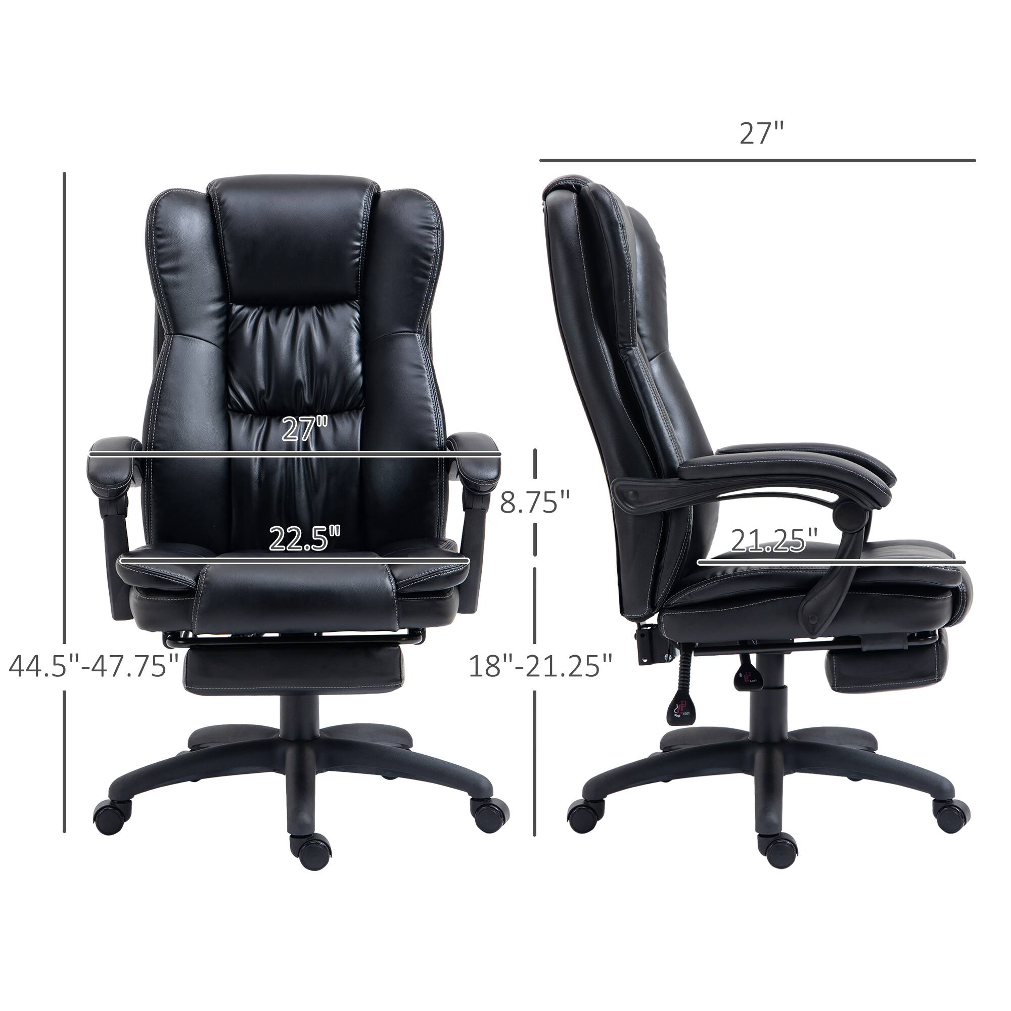 - Width: 27"
- Depth: 22.5"
- Height: 44.5" - 47.75"
- Seat Height: 18" - 21.25"
- Back Height: 27"
- Armrest Height: 8.75"
- Seat Depth: 21.25"
