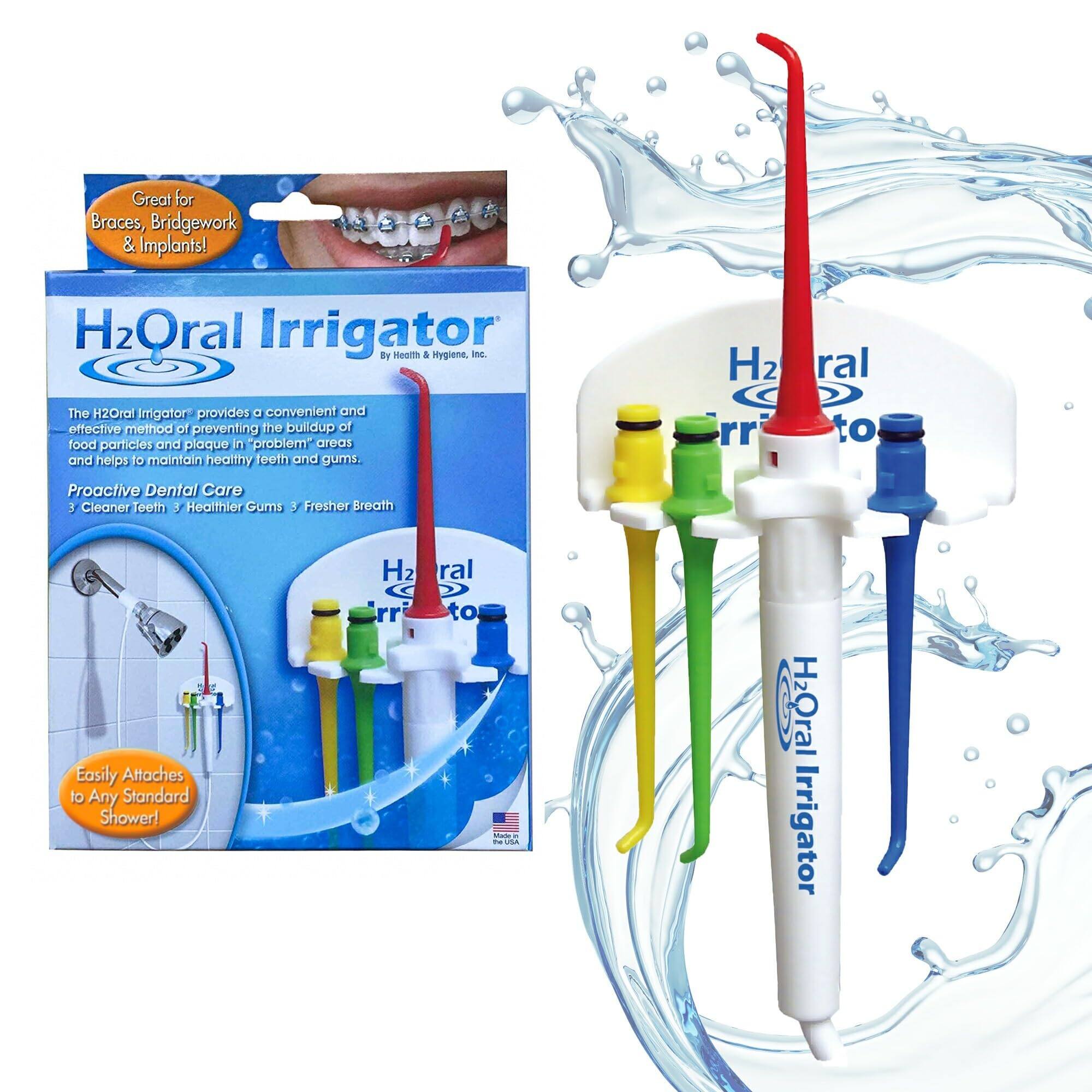 Great for Braces, Bridgework & Implants!  
H2O Oral Irrigator by Health & Hygiene, Inc.  

The H2O Oral Irrigator provides a convenient and effective method of preventing the buildup of food particles and plaque in problem areas and helps to maintain healthy teeth and gums.  

Proactive Dental Care  
- Cleaner Teeth  
- Healthier Gums  
- Fresher Breath  

Easily Attaches to Any Standard Shower!  

H2O Oral Irrigator