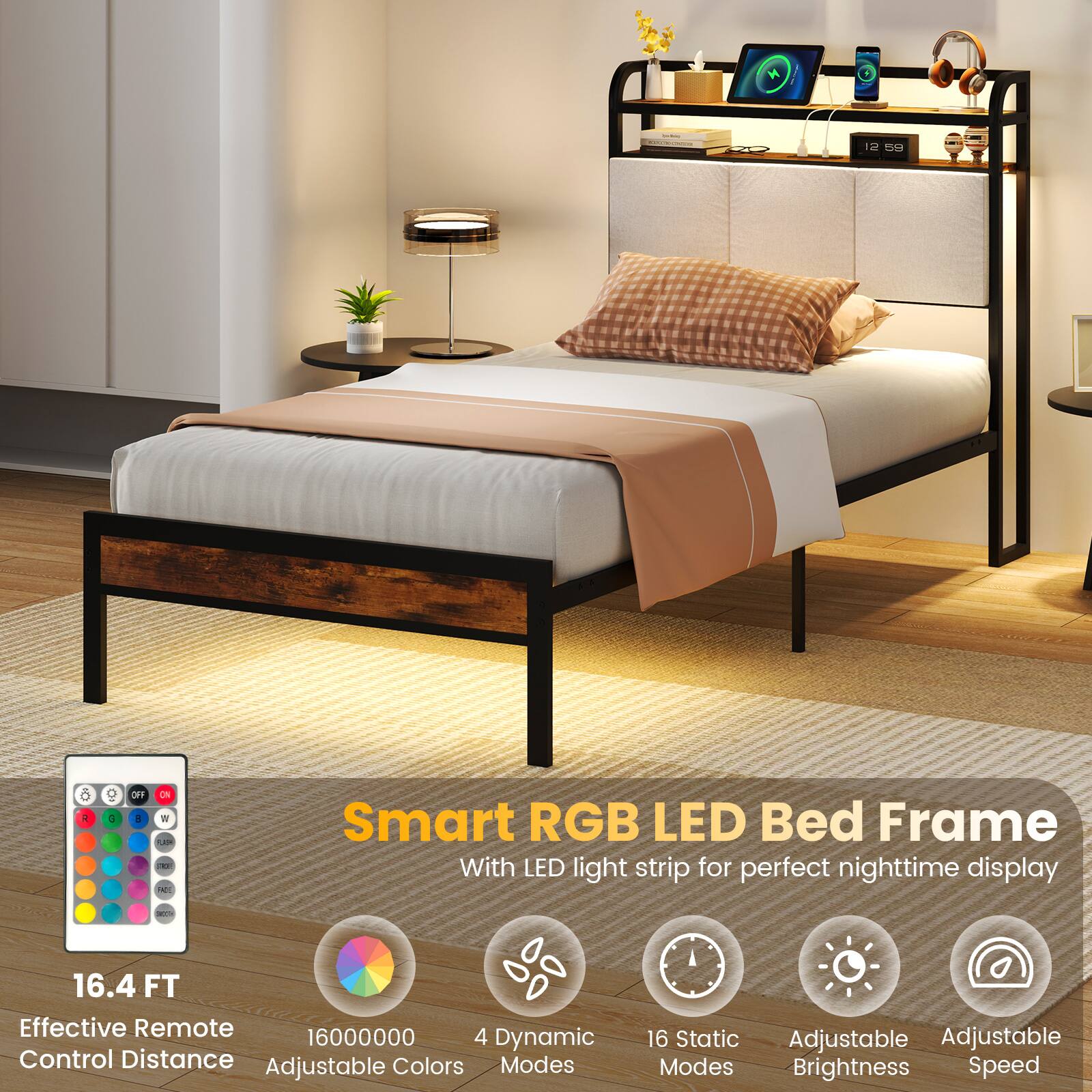 I 12 19O A a OFF a ON V I . - Smart RGB LED Bed Frame With LED light strip for perfect nighttime display - 16.4 FT Effective Remote Control Distance 16000000 Adjustable Colors 4 Dynamic Modes 16 Static Adjustable Brightness Speed