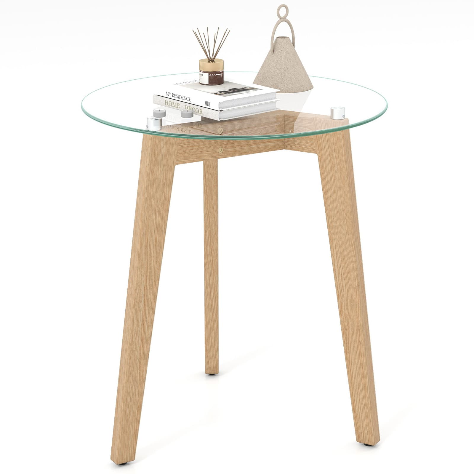 Gymax - Modern Tempered Glass End Table w/Transparent Tabletop Rubber Wood Structure - Transparent & Natural
