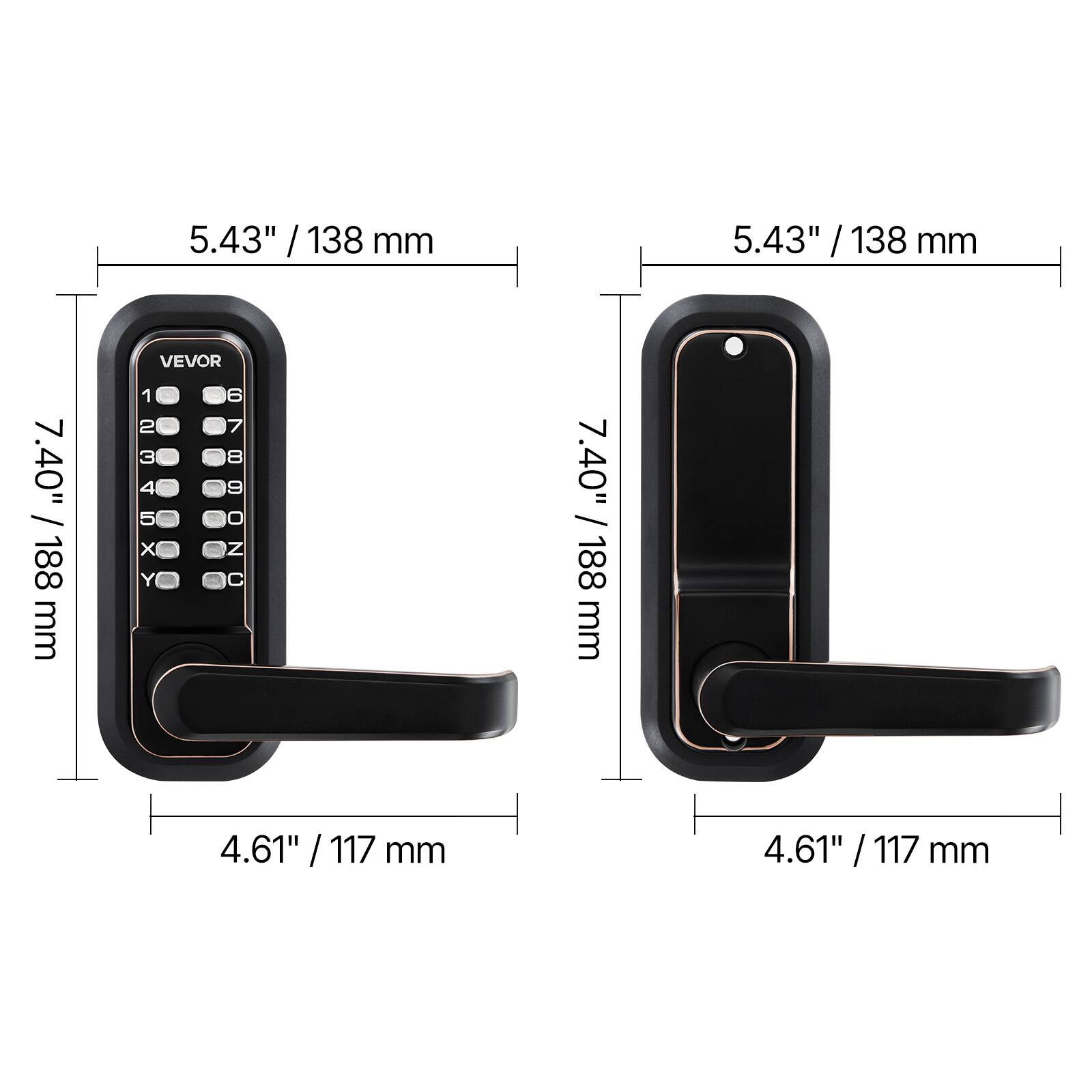 7.40" / 188 mm  
5.43" / 138 mm  
4.61" / 117 mm  

VEVOR  
1 2 3 4 5 x Y  
6 7 8 9 0  
X 0 C