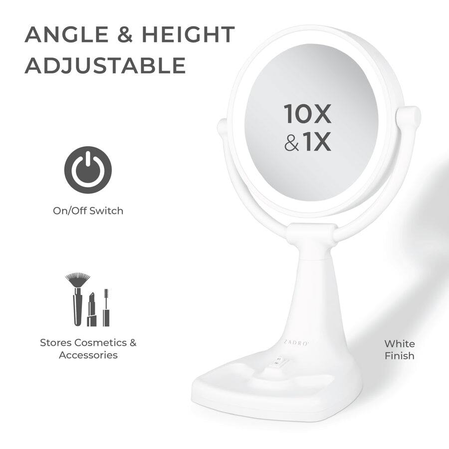 ANGLE & HEIGHT ADJUSTABLE

10X & 1X

On/Off Switch

Stores Cosmetics & Accessories

White Finish