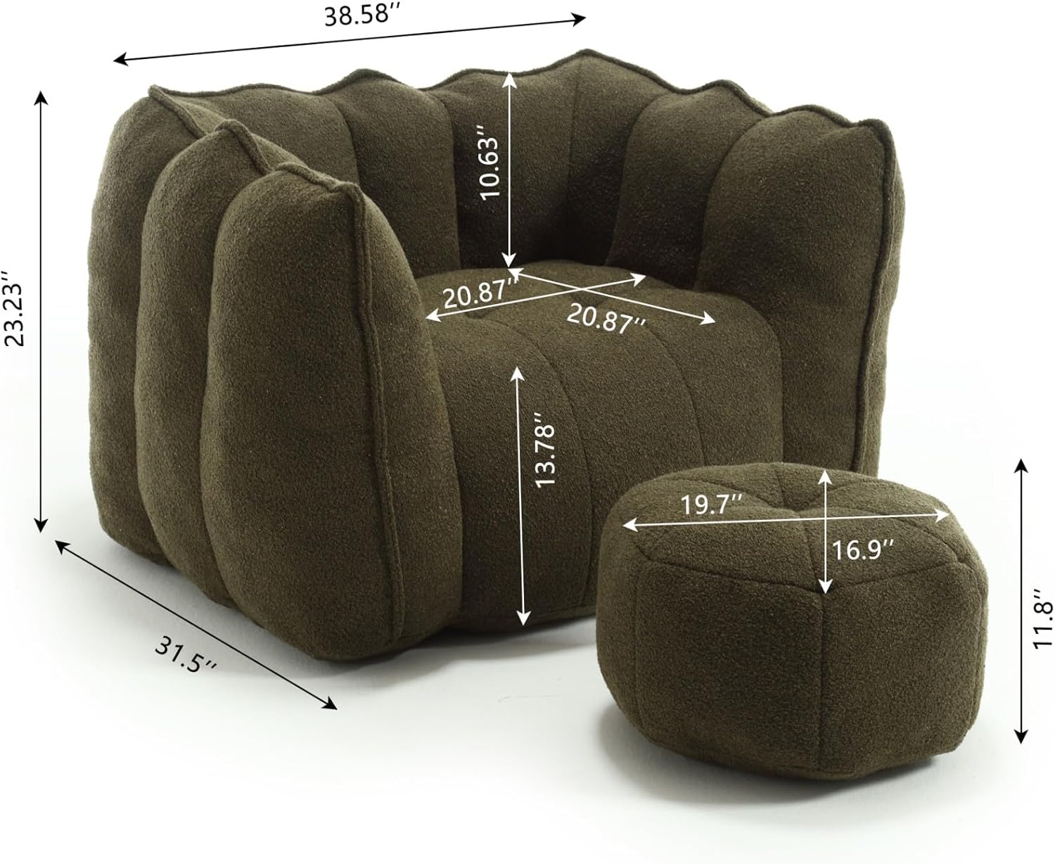 38.58" 23.23" 31.5" 10.63" 20.87" 20.87" 13.78" 19.7" 16.9" 11.8"