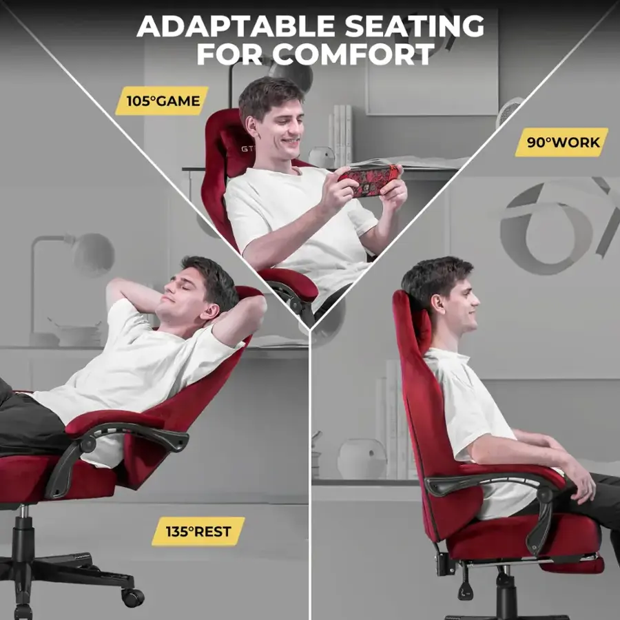 The text on the image is grouped and corrected as follows:

ADAPTABLE SEATING FOR COMFORT:
105° - Game GT
90° - Work
135° - Rest

This grouping and correction provide a clear description of the adaptable seating options for comfort, work, and rest.