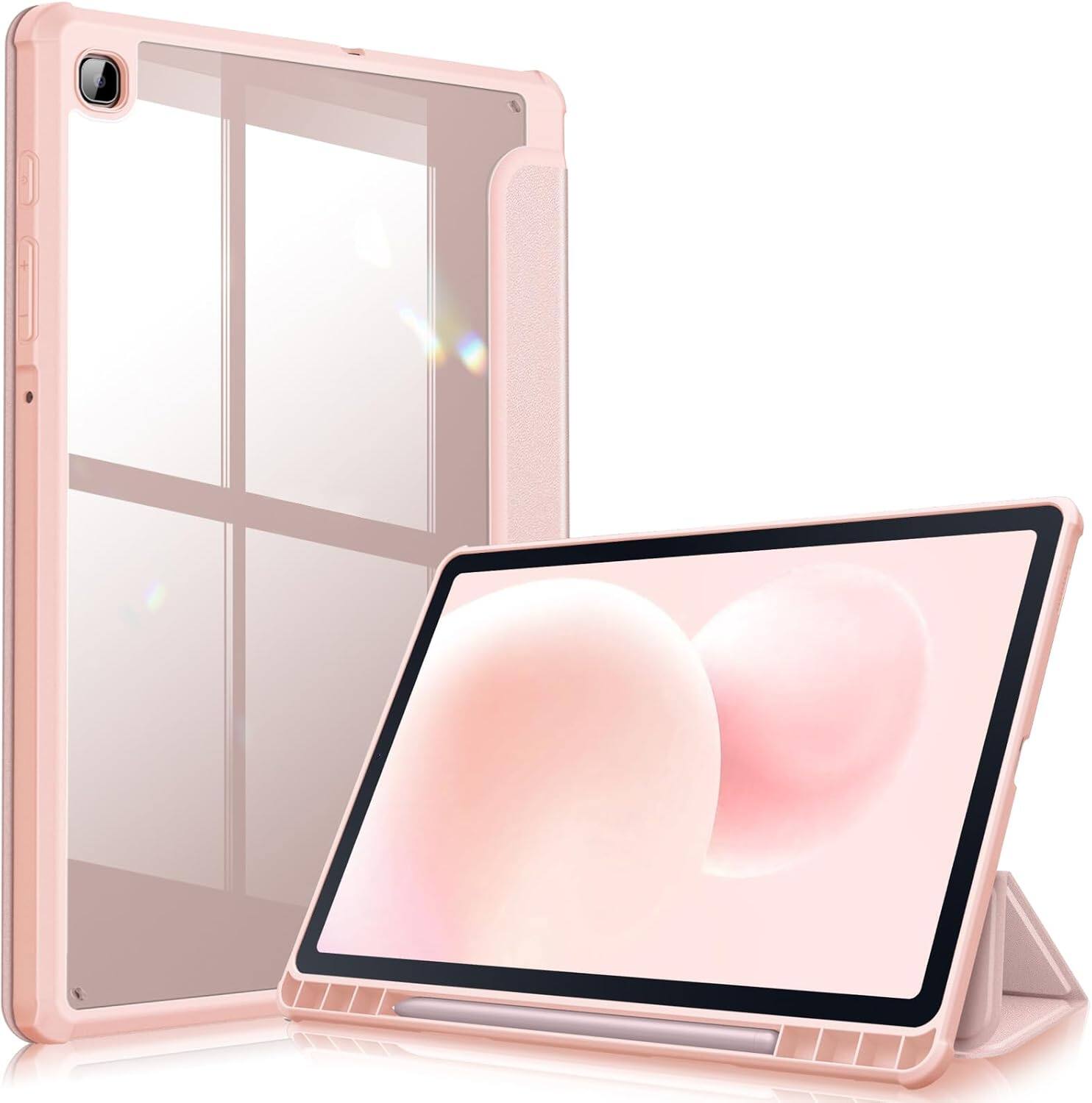 Front. Fintie - Clear Case for Samsung Galaxy Tab S6 Lite 10.4 Inch, Transparent Back Shell, Viewing & Typing Angles, Shockproof Cover - Rose Gold.