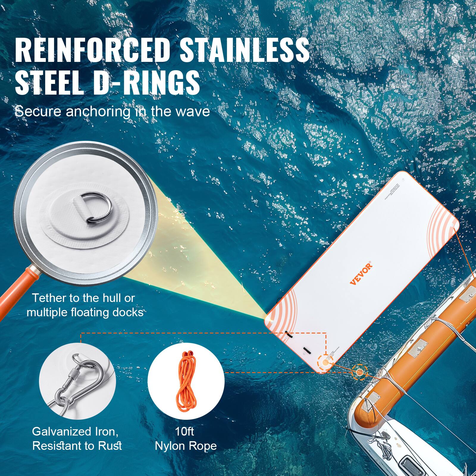 REINFORCED STAINLESS STEEL D-RINGS  
Secure anchoring in the wave  

Tether to the hull or multiple floating docks  

Galvanized Iron, Resistant to Rust  

10ft Nylon Rope