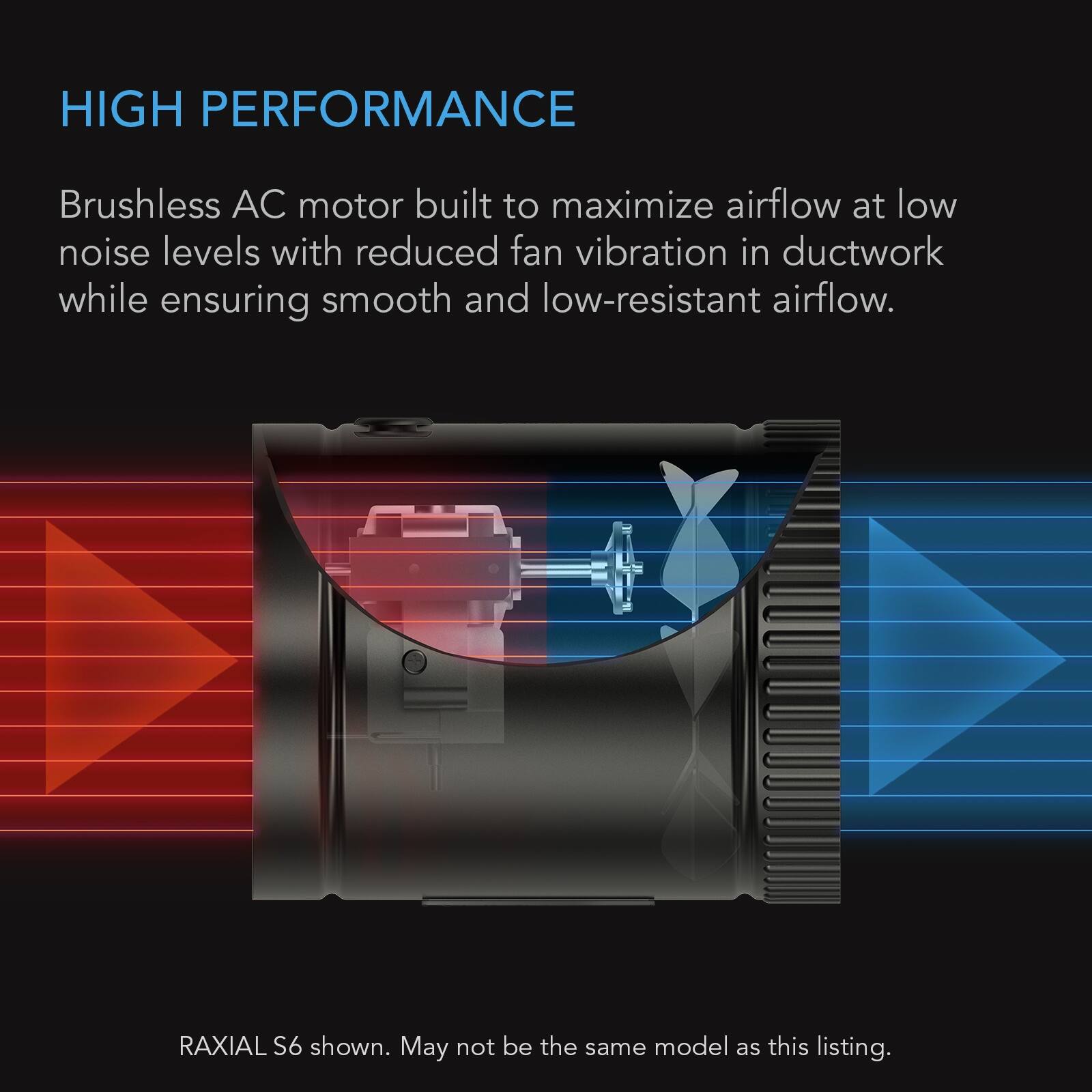 HIGH PERFORMANCE

Brushless AC motor built to maximize airflow at low noise levels with reduced fan vibration in ductwork while ensuring smooth and low-resistant airflow.

RAXIAL S6 shown. May not be the same model as this listing.